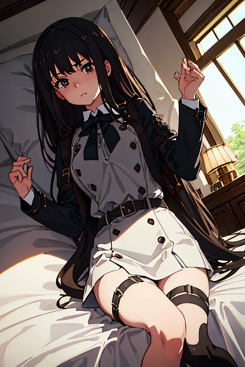 masterpiece、flat-colors、depth of fields、lens flare 1 girl、、Brown hair、watching at viewers black suspenders Bulging big breasts walls: Black miniskirt garters Gaze Small face bangss holster Belt Armament Beautuful Women srestrained hands up Lying in bed Leg holster lying on the bed
