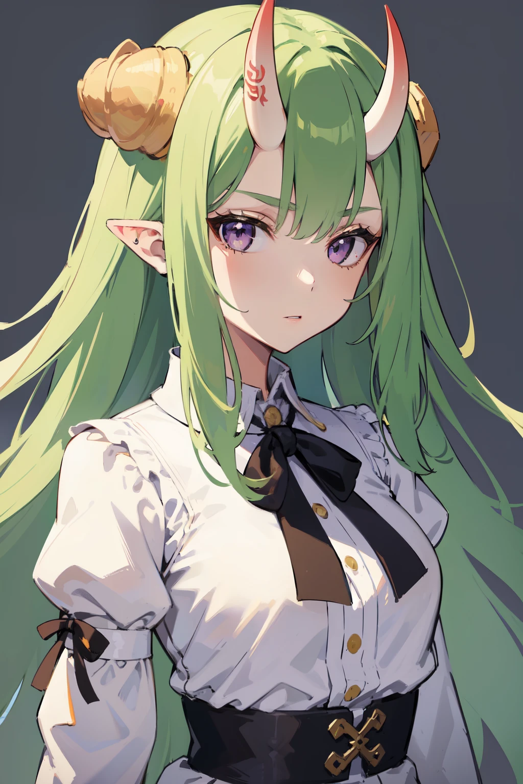 masterpiece, best quality, 4k, face close-up, portrait, 1girl, solo, beige hair, light green hair, pale green hair long hair, purple eyes, small breasts, ((oni girl, oni horns)), serious, neutral, white blouse, one piece blouse, medieval fashion, standing, arms behind back, looking at viewer, white background, simple background, transparent background