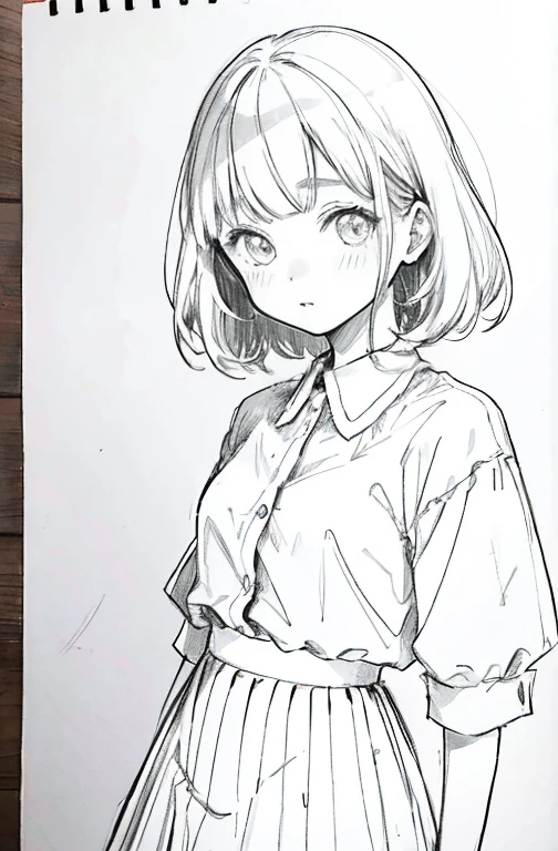 1girl in,line-drawing,monochromes,sketch,Pencil drawing,Traditional Media,1girl in, Skirt, Solo、Cute age woman, Beautiful portrait、Delicate body、manga comics,bobhair、Align your bangs、Bangs、full bodyesbian、校服