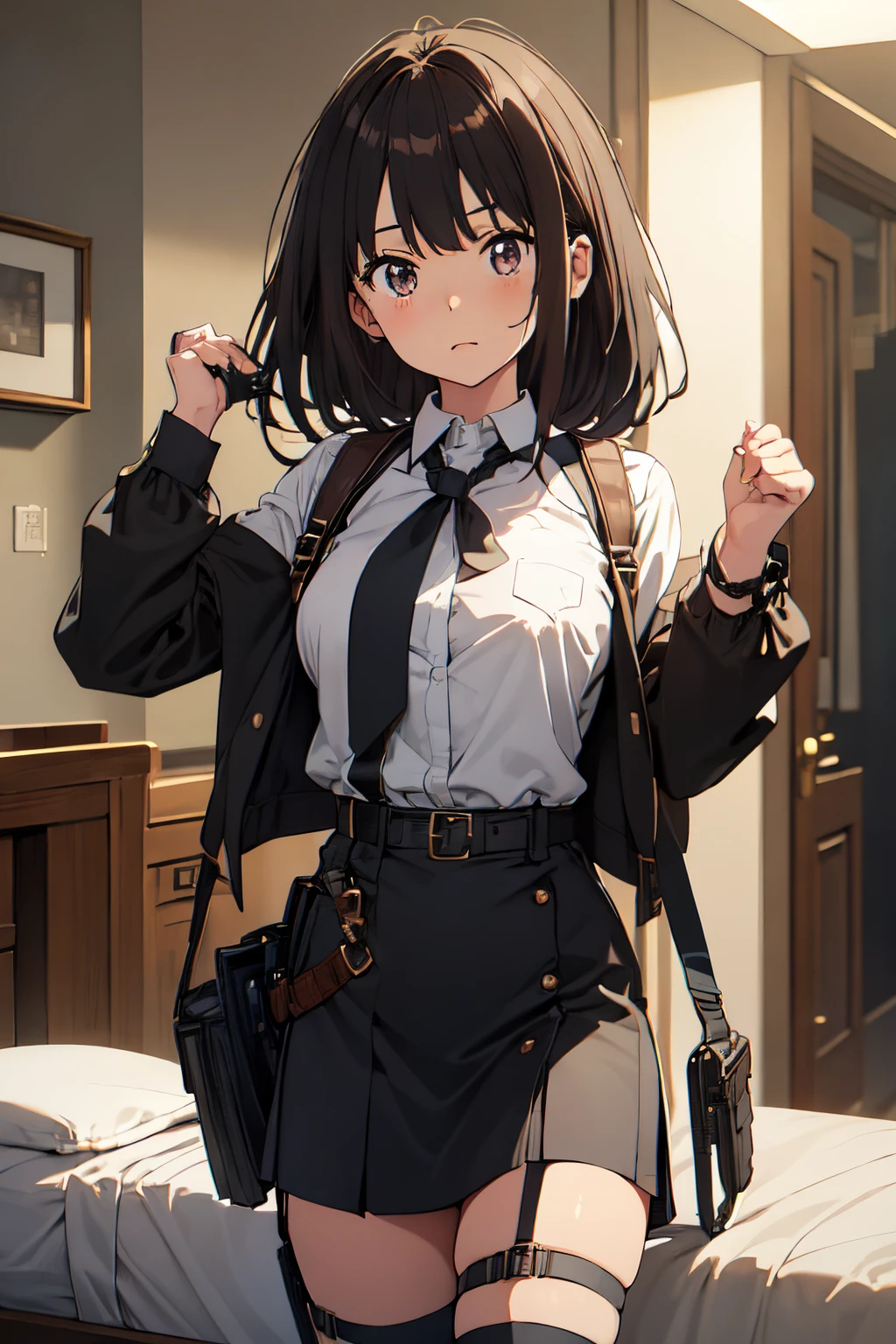 ​masterpiece、flat-colors、depth of fields、lens flare 1 girl、、Brown hair、watching at viewers　　　black suspenders　　　Bulging big breasts　　 　 　　　walls: 　Black miniskirt　garters　　　　　　Gaze　　　Small face　bangss 　　　holster　　Belt Armament　Beautuful Women　srestrained　hands up　Lying in bed　Leg holster lying on the bed