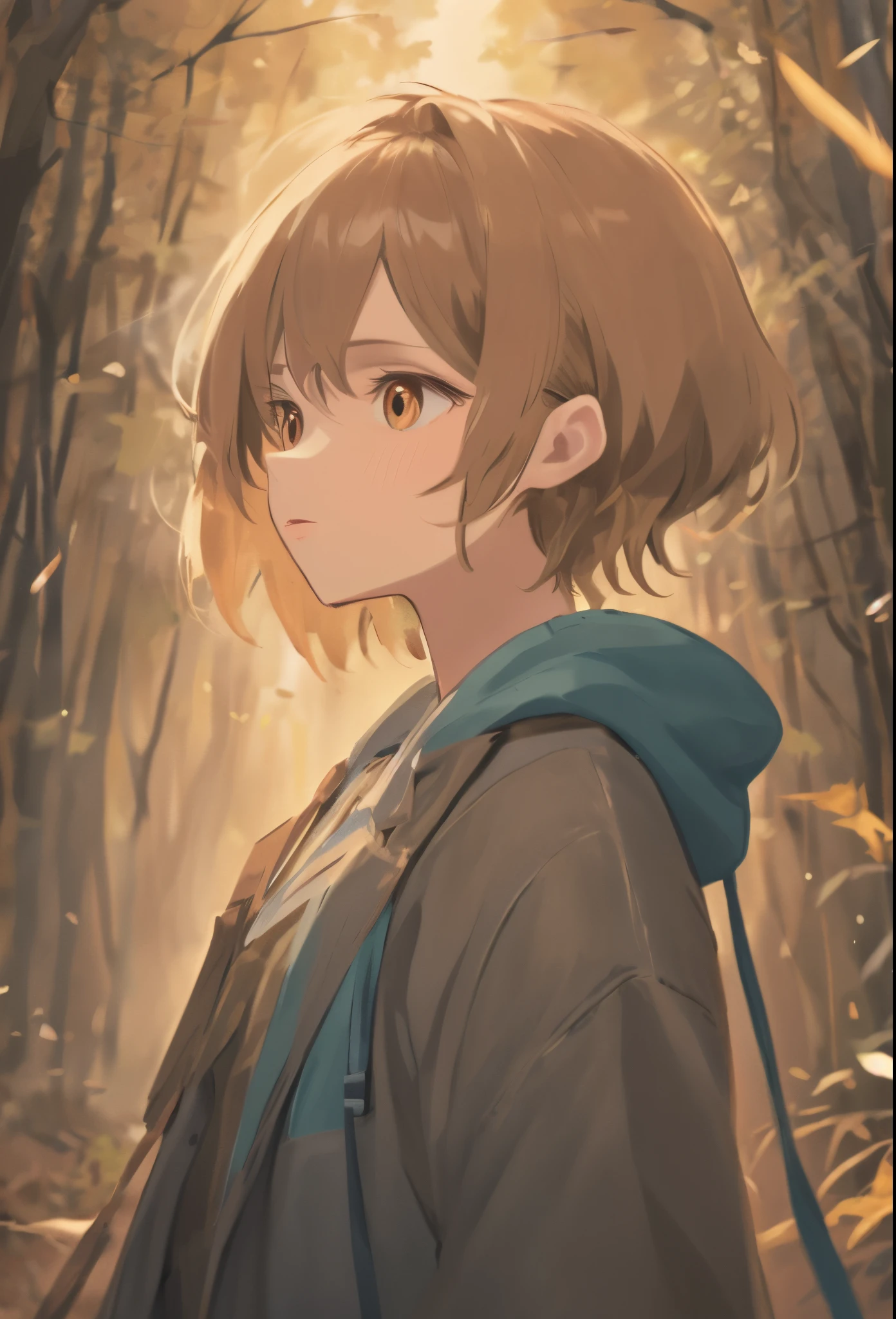 light brown hair，with brown eye，blue gray coat，There is a boy in the forest with a bandage over his right eye.,autumnal,leaves falling
