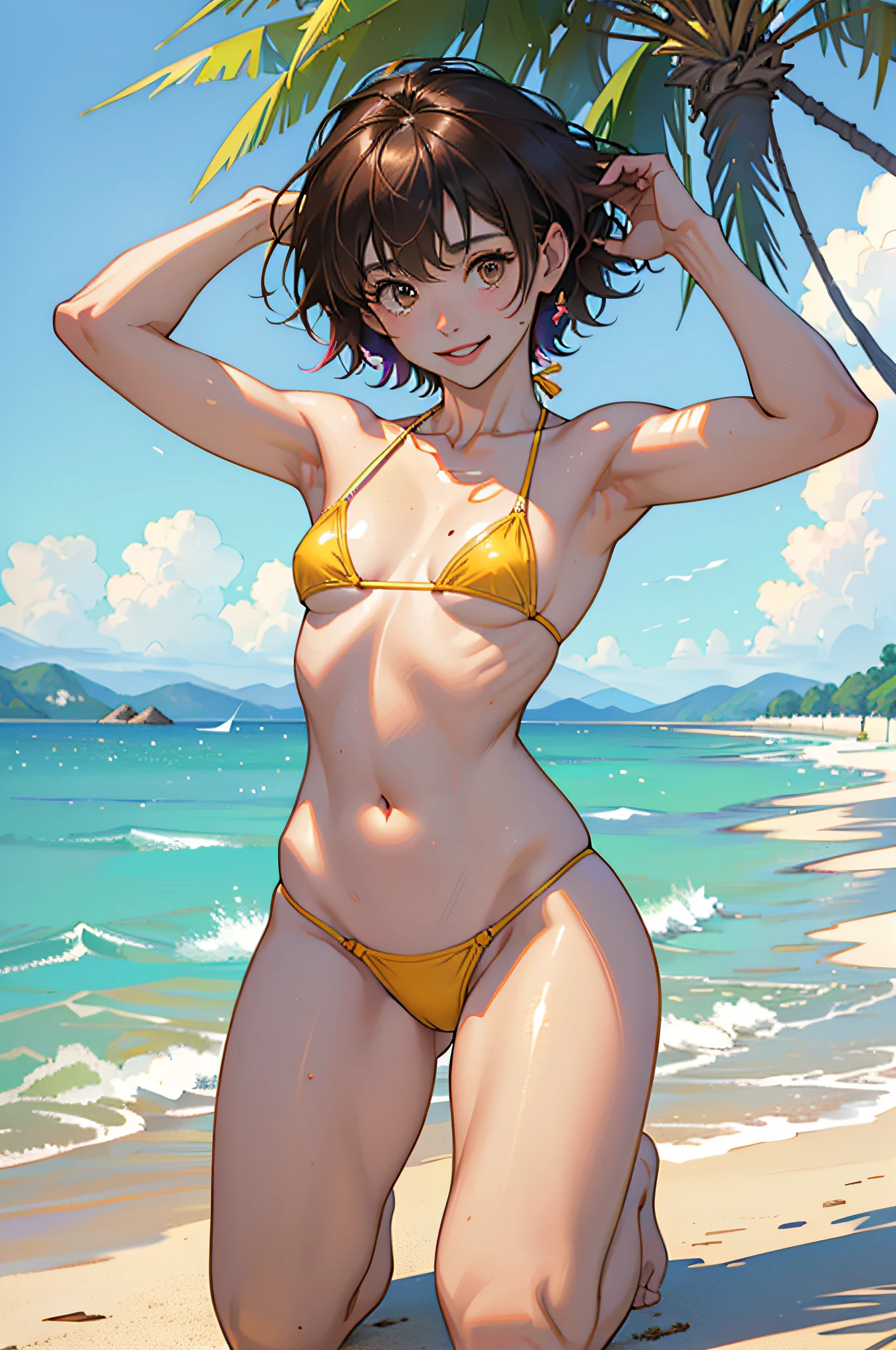 (Highest image quality, Highest image quality, Super A High Definition), (Raw photo, Realism 1.4), (flat chest), Fine skin, Fine face, Cute, AKB Girl, Girls, Small breasts, Perfect Skin, thighs thighs thighs thighs, Medium Hair, Perfect, Brown hair, Brown eyes, Gravure Pose、Full body, (((Spread)), shiny, ((Colorful micro bikini)), all-fours、Bright sunlight, Smile,
