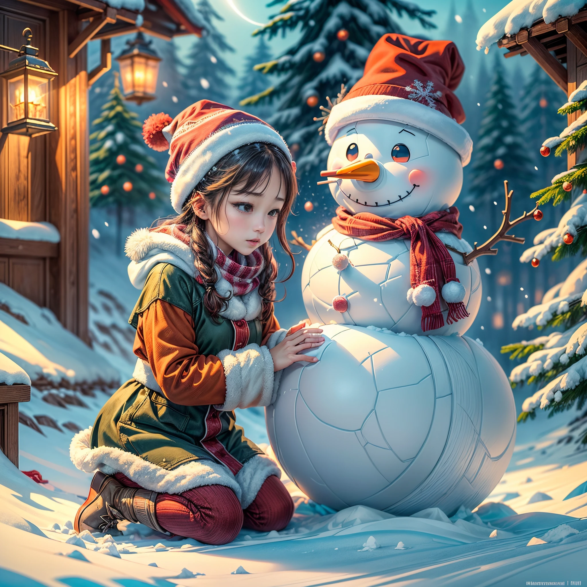(White snow scene manuscript:1.4),(Symmetrical:1.3),(tmasterpiece,1 cute little girl playing,Kneel on the snow and build a snowman with your hands: 1.5, middle, European Christmas elements),(Snowman wearing Christmas hat: 1.5),(UK - Chic Illustration:1.2, Vector painting:1.2),(british colors,Advanced RGB color matching),(reasonable design, Clear lines, High sharpness,Best quality, Very detailed, tmasterpiece, offcial art, movie light effect), (concept-art, Ghibli-style colors, ultra-realistic realism, hyper HD, tmasterpiece, acurate, Anatomically correct, super detailing, Award-Awarded, Best quality at best, A high resolution, 8K,The picture is bright,globalillumination,high saturated)