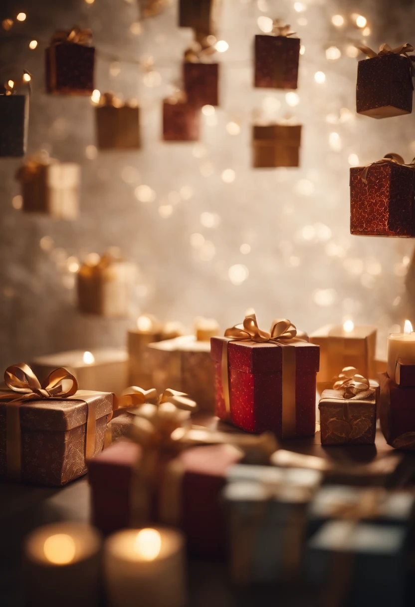A series of gifts arranged in a cascade-like formation, showcasing the different sizes and shapes in an artful and visually appealing way.