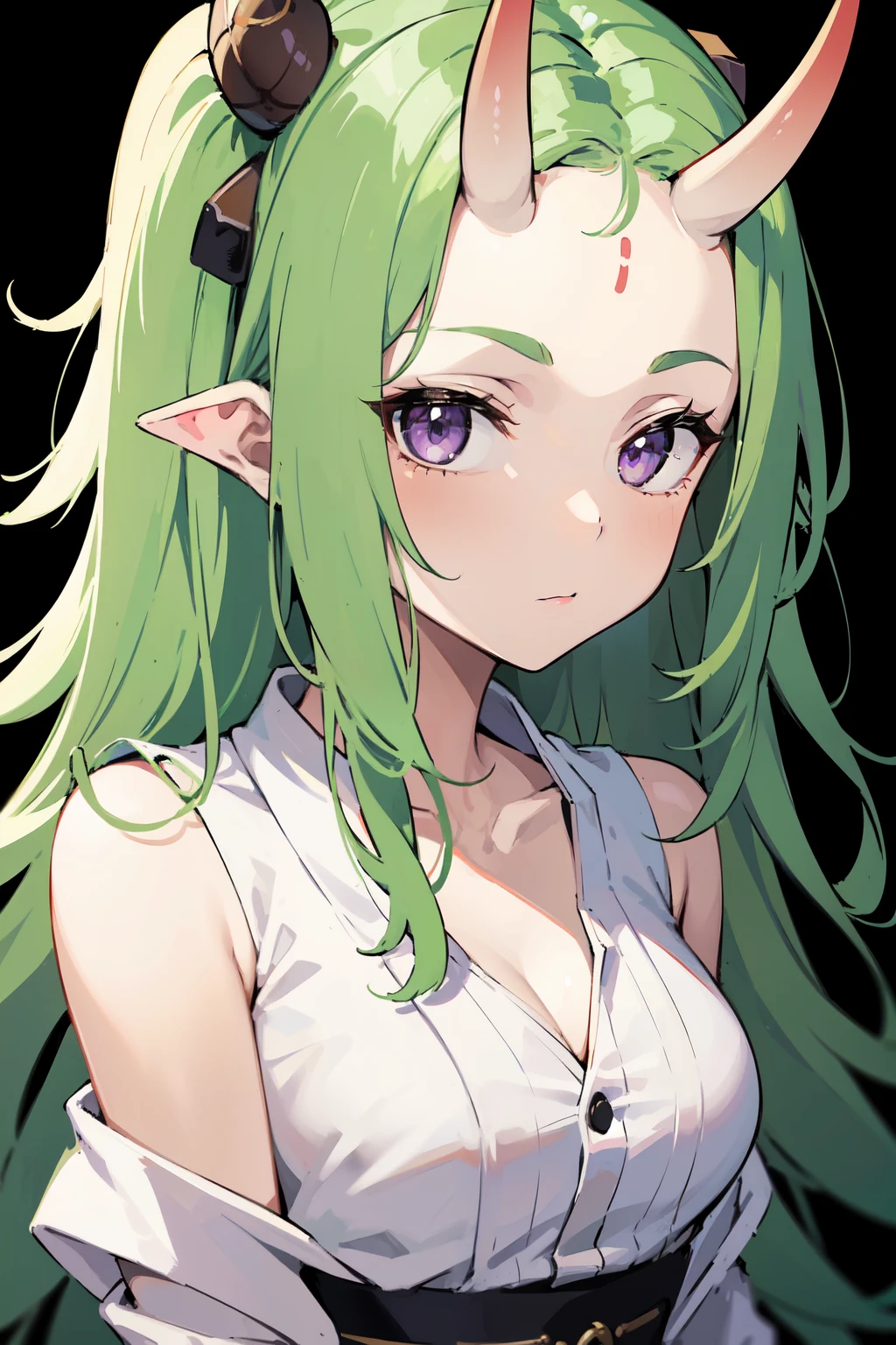 masterpiece, best quality, 4k, face close-up, portrait, 1girl, solo, beige hair, light green hair, pale green hair long hair, purple eyes, small breasts, ((oni girl, oni horns, forehead horns)), serious, neutral, white blouse, one piece blouse, medieval fashion, standing, arms behind back, looking at viewer, white background, simple background, transparent background