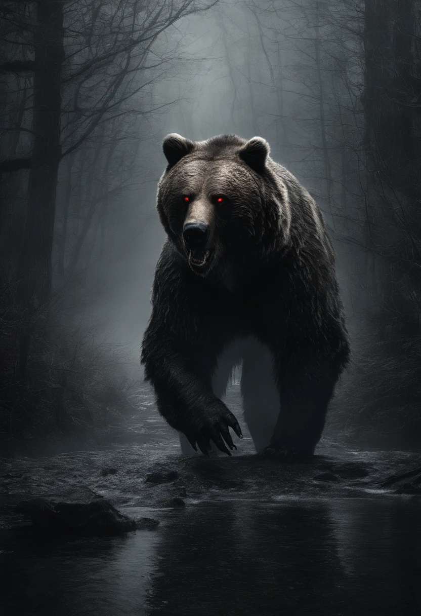 rainy day, Evil Light, grizzly bear, riverbank, Glowing red eyes, Malicious glow, Best Quality, masutepiece,Eating meat