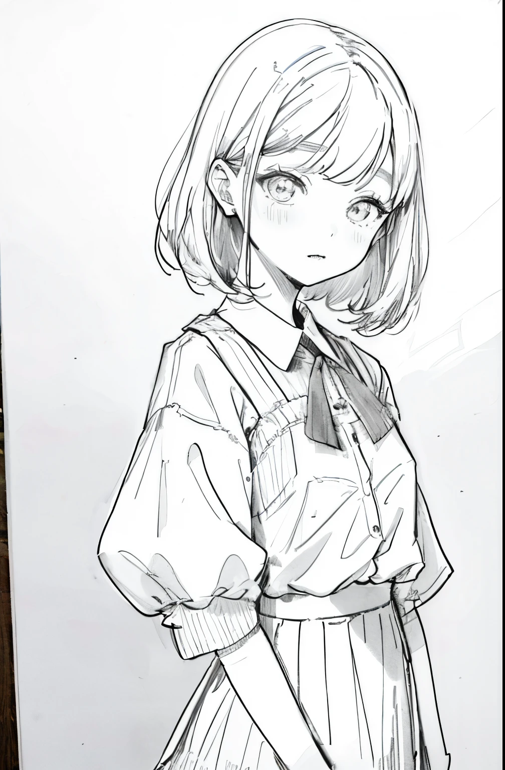 1girl in,line-drawing,monochromes,sketch,Pencil drawing,Traditional Media,1girl in, Skirt, Solo、Cute teenage woman, Beautiful portrait、Delicate body、manga comics,bobhair、Align your bangs、Bangs、full bodyesbian、校服