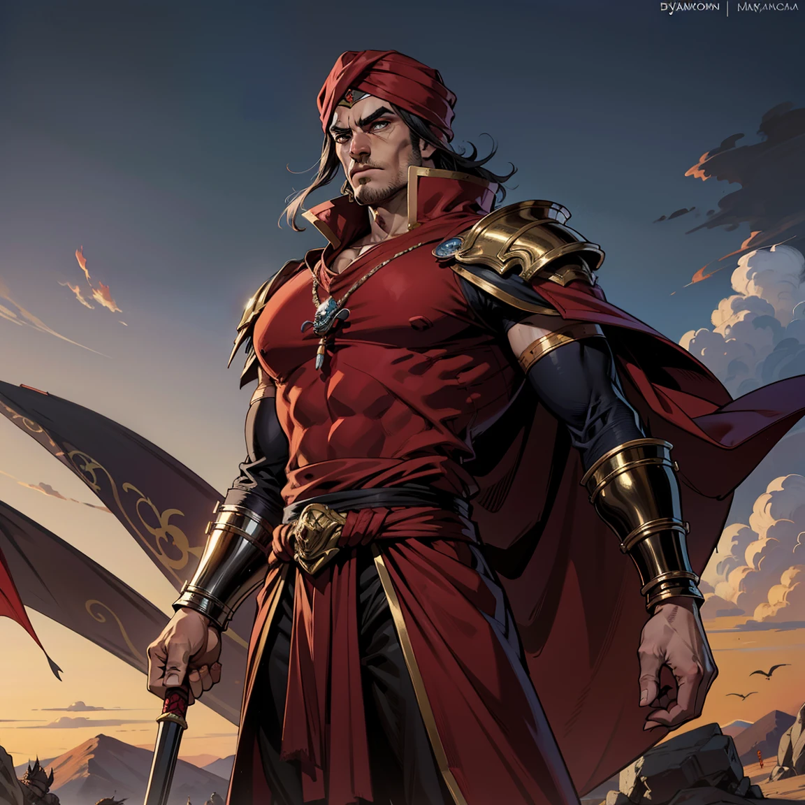 Dynamique plan super detailed of the piece maîtresse du seigneur Dracula Guerrier arabe médiéval with a red turban Visage effrayant Hokuto No Ken Structure Visage musclé Kenshiro chevauchant and dragon de fire légendaire Dragon effrayant marchant with son armée marocaine de démons 10 démons en colère