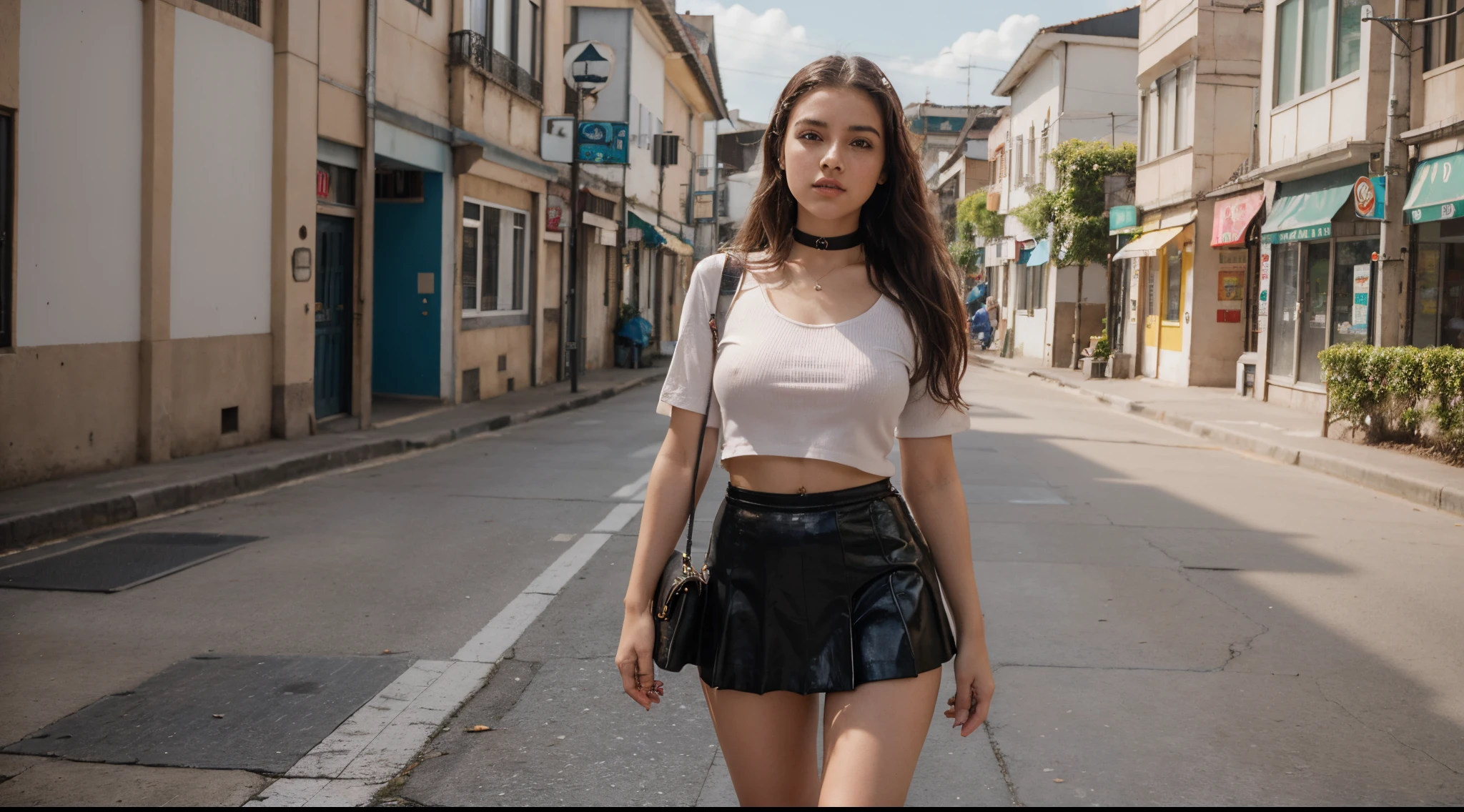 Schoolgirl, menina bonita, 19 anos, loira platinada, nsfw, muito bonita, athletic, cabelos loiros, olhos azuis, red-lips, franja, usando uniforme escolar, saia plissada cinza clara muito curta, pernas grossas, pernas bonitas, cintura estreita, meias brancas de coxa saia plissada curta, cinza clara, mini-skirt, camisa branca de manga comprida, seios pequenos, mamilos rosados, porcelain skin, The girl is wearing a black leather choker, the girl is wearing a school uniform, meias brancas de coxa The girl is standing on a street in a cyberpunk city, sob o sol do meio dia, the girl is wearing light fabric clothes