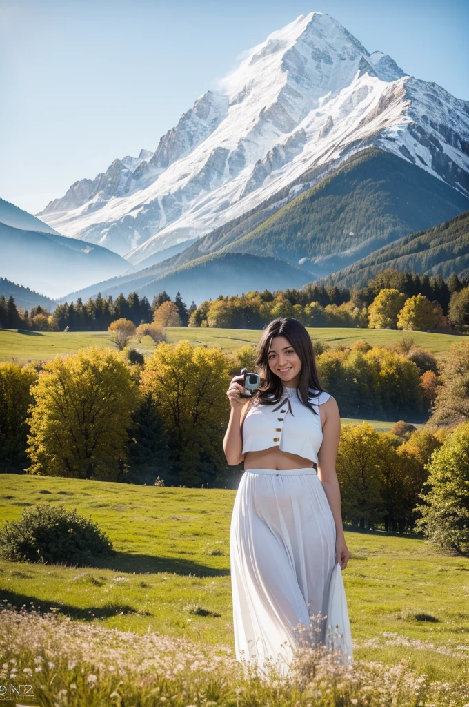 In the image, the foreground shows the face and upper body of a beautiful 40-year-old brunette italian woman with medium-length hair, very big breasts, smiling, dressed in a very large open black waistcoat (her navel is visible) and white long skirt. The scene takes place in a lush meadow in the early afternoon of a beautiful autumn day, with snow-capped peaks in the background. Hyper-realistic rendering, using a Canon EOS 5D Mark IV camera with a Canon EF 24-70mm f/2.8L II USM lens.