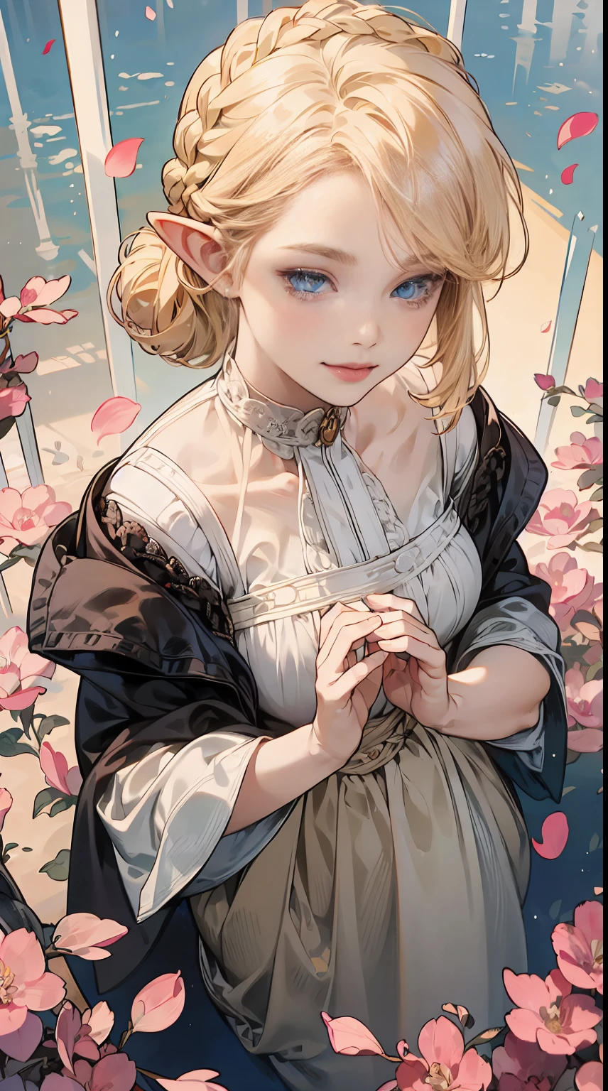 (masterpiece), best quality, ultra-detailed, illustration, detailed light, an extremely delicate and beautiful elf girl, deep blue eyes, light smile, (from front), (face focus), hands together, an aerial garden where flowers are in full bloom, petals dance, (nice hands), (perfect hands), (from above:1.2), (asymmetrical bangs:1.2), (artoria style Braid Bun), short hair, white blonde hair, (Bereast E-Cup:1.2), highly detailed face and eyes. By Alphonse mucha.