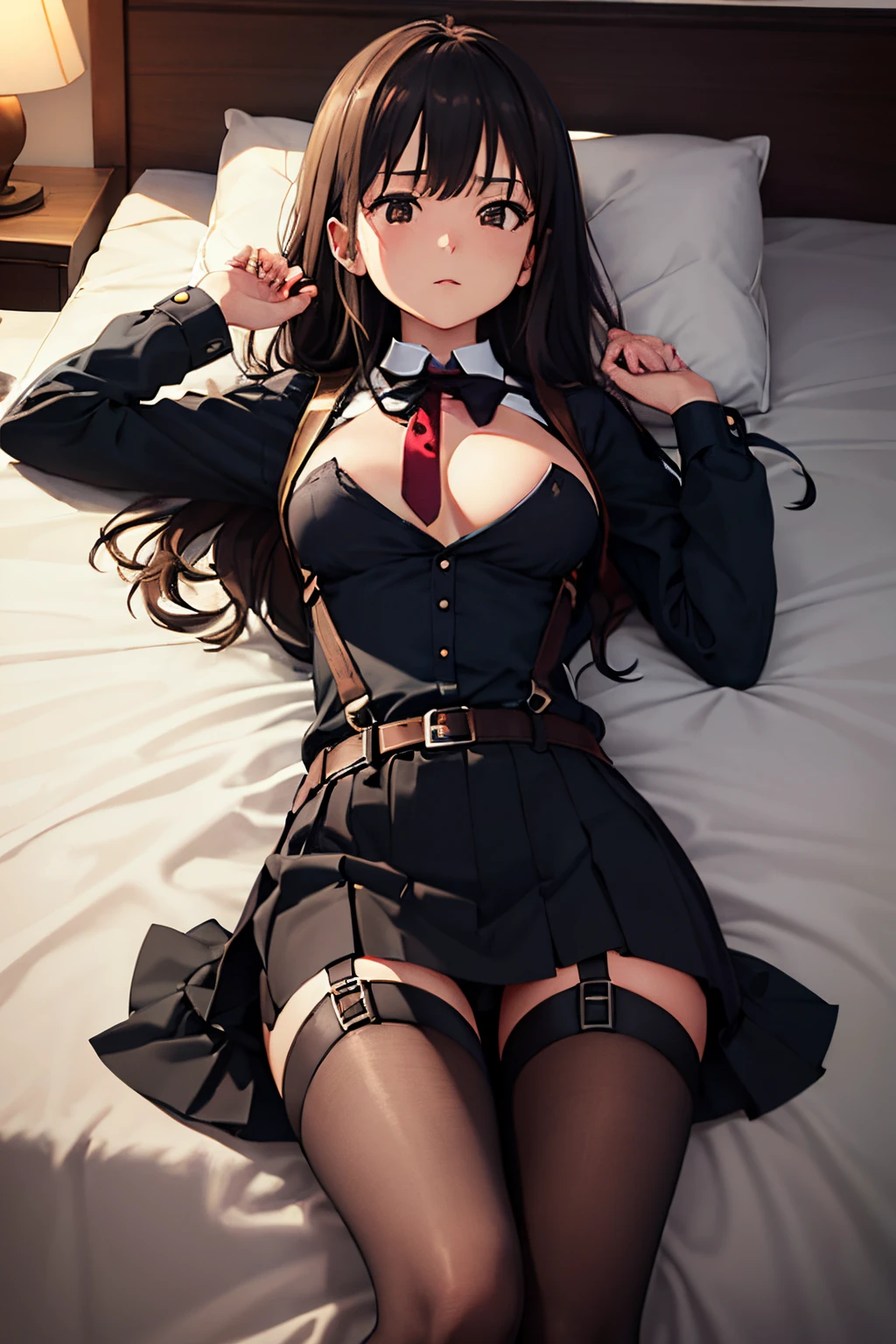 masterpiece、flat-colors、depth of fields、lens flare 1 girl、、Brown hair、watching at viewers black suspenders Bulging big breasts walls: Black miniskirt garters Gaze Small face bangss holster Belt Armament Beautuful Women srestrained hands up Lying in bed Leg holster lying on the bed
