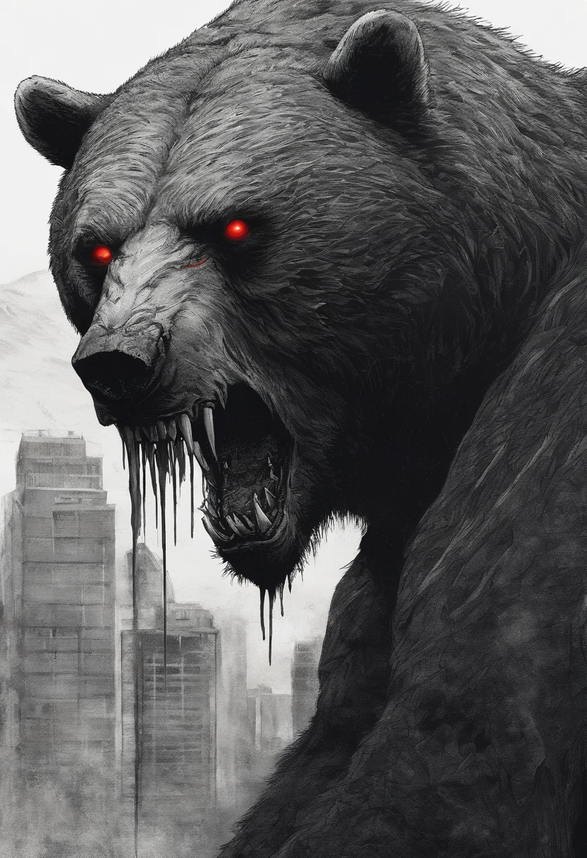 grizzly bear,  Glowing red eyes, a malicious glow, Best Quality, masutepiece,Eating meat