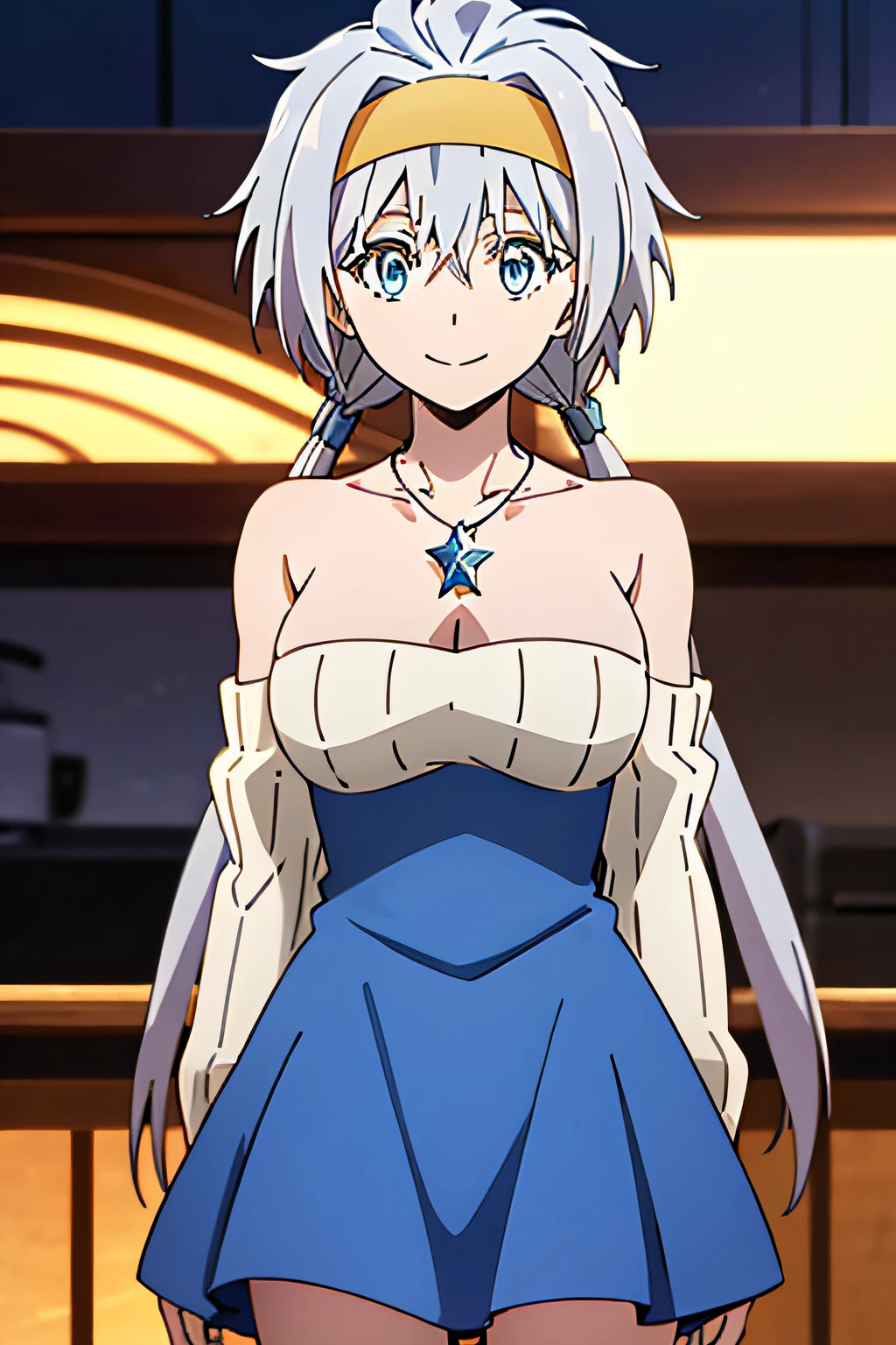 VELZARD, BANGS, BLUE EYES, GREY HAIR, HAIR BETWEEN EYES, LONG HAIR, TWINTAILS, YELLOW HAIRBAND, BARE SHOULDERS, JEWELRY, NECKLACE, DRESS, CLEAVAGE, DETACHED SLEEVES, BLUE SKIRT, 1girl, solo, upper body, facing viewer, looking at viewer, smile,