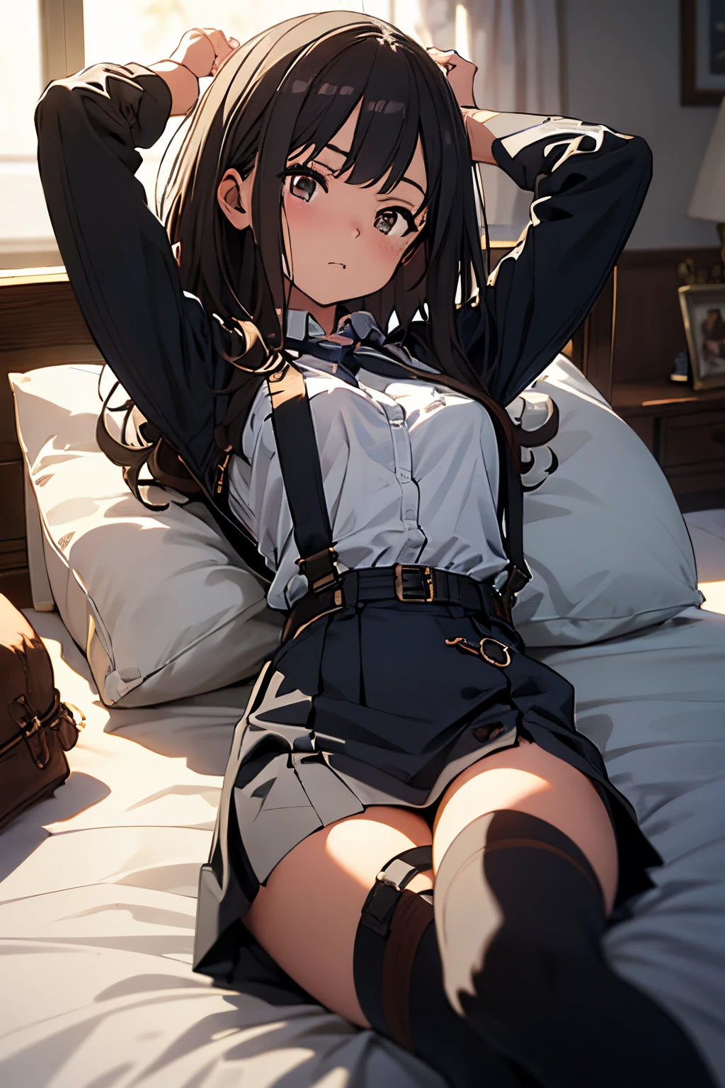 ​masterpiece、flat-colors、depth of fields、lens flare 1 girl、、Brown hair、watching at viewers　　　black suspenders　　　Bulging big breasts　　 　 　　　walls: 　Black miniskirt　garters　　　　　　Gaze　　　Small face　bangss 　　　holster　　Belt Armament　Beautuful Women　srestrained　hands up　Lying in bed　Leg holster lying on the bed