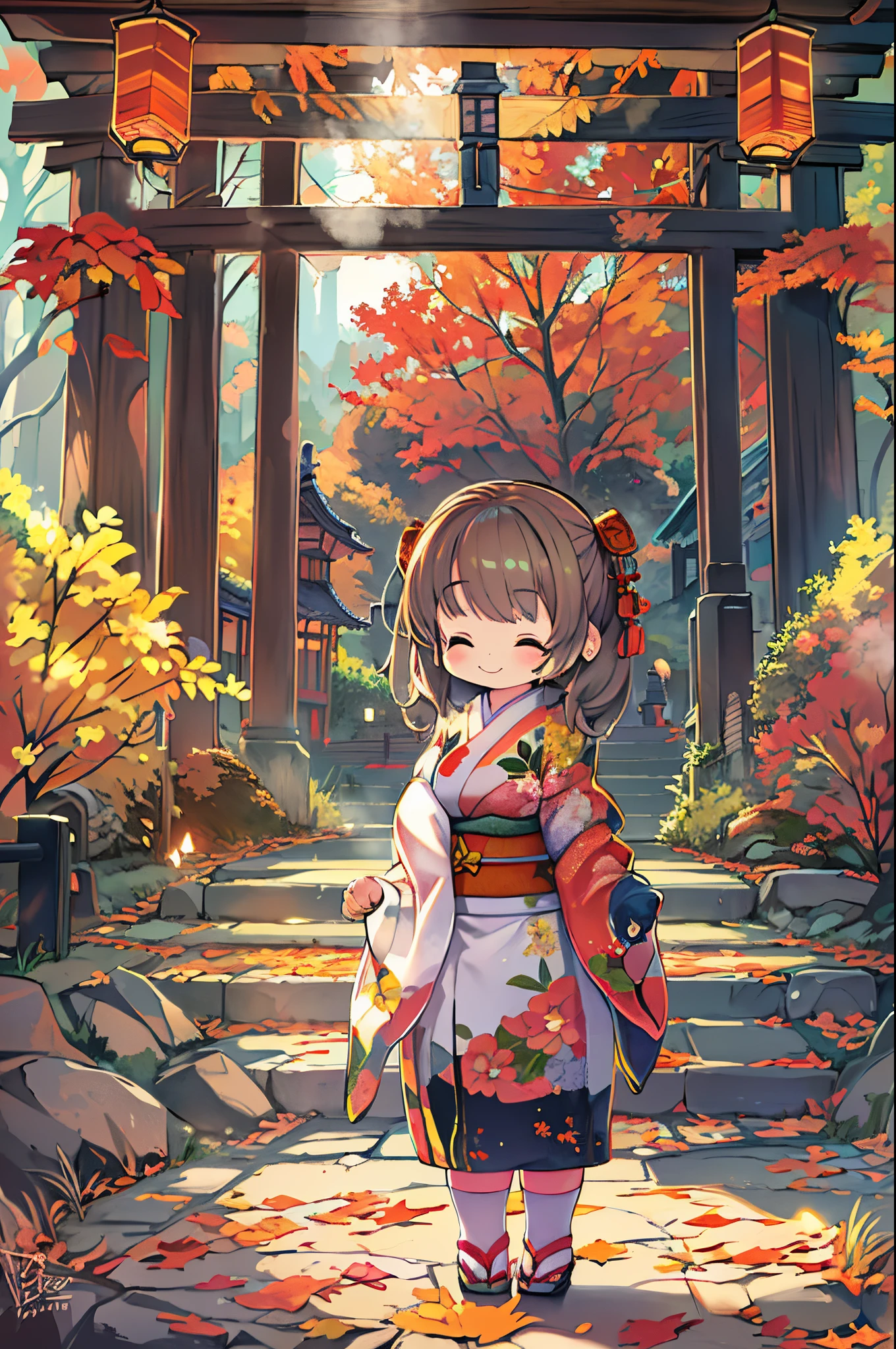 huge-breasted、kawaii、Sunny Clothes、japanese kimono、torii gate,((Oblique angle))、{{close up to face}}、one eye closed、8 years old girl、winking、A big smile、bbw、thick thight、big butts、Ultramammy,Chibi, autumn day,kaede、 Pines, Anime Background Art, japanese art style, beautiful anime scene, detailed scenery - width 672, Background art, Anime landscapes, Anime Background, Beautiful anime scenery, Beautiful peace scenes in anime, landscape artwork, Japan Village, Anime landscape concept art, 8K))、a lot of fallen leaves、