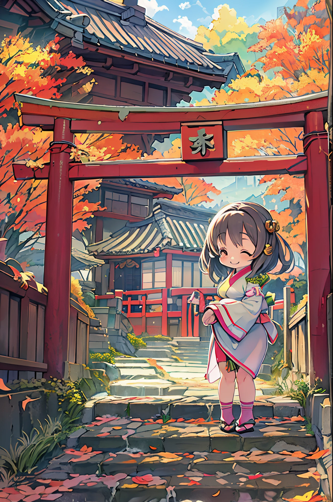 huge-breasted、kawaii、Sunny Clothes、japanese kimono、torii gate,((Oblique angle))、{{close up to face}}、one eye closed、8 girl、winking、A big smile、bbw、thick thight、big butts、Ultramammy,Chibi, autumn day,kaede、 Pines, Anime Background Art, japanese art style, beautiful anime scene, detailed scenery - width 672, Background art, Anime landscapes, Anime Background, Beautiful anime scenery, Beautiful peace scenes in anime, landscape artwork, Japan Village, Anime landscape concept art, 8K))、a lot of fallen leaves、