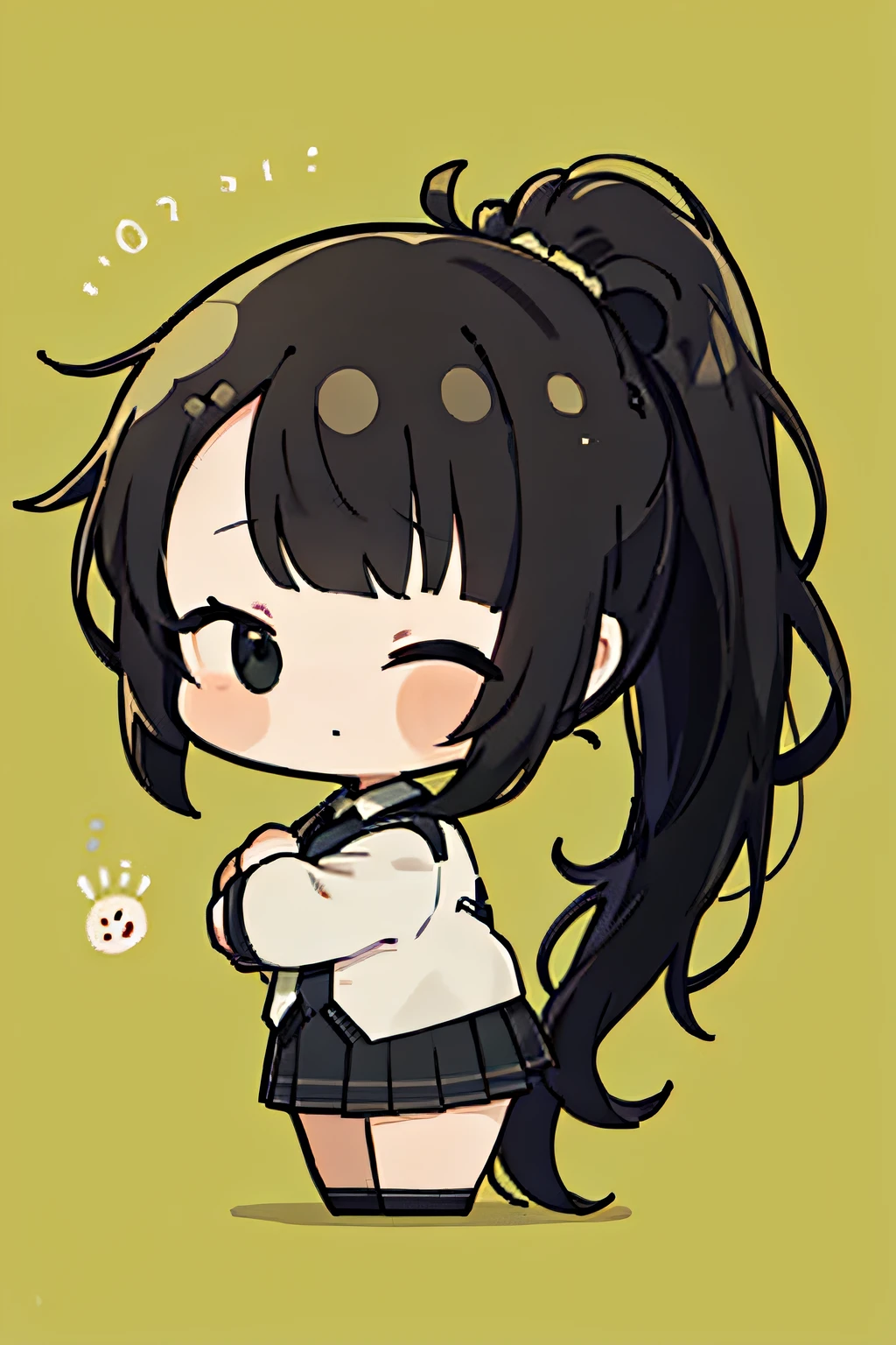 cute chibi, black curly hair in a pony tail, wearing a green office uniform