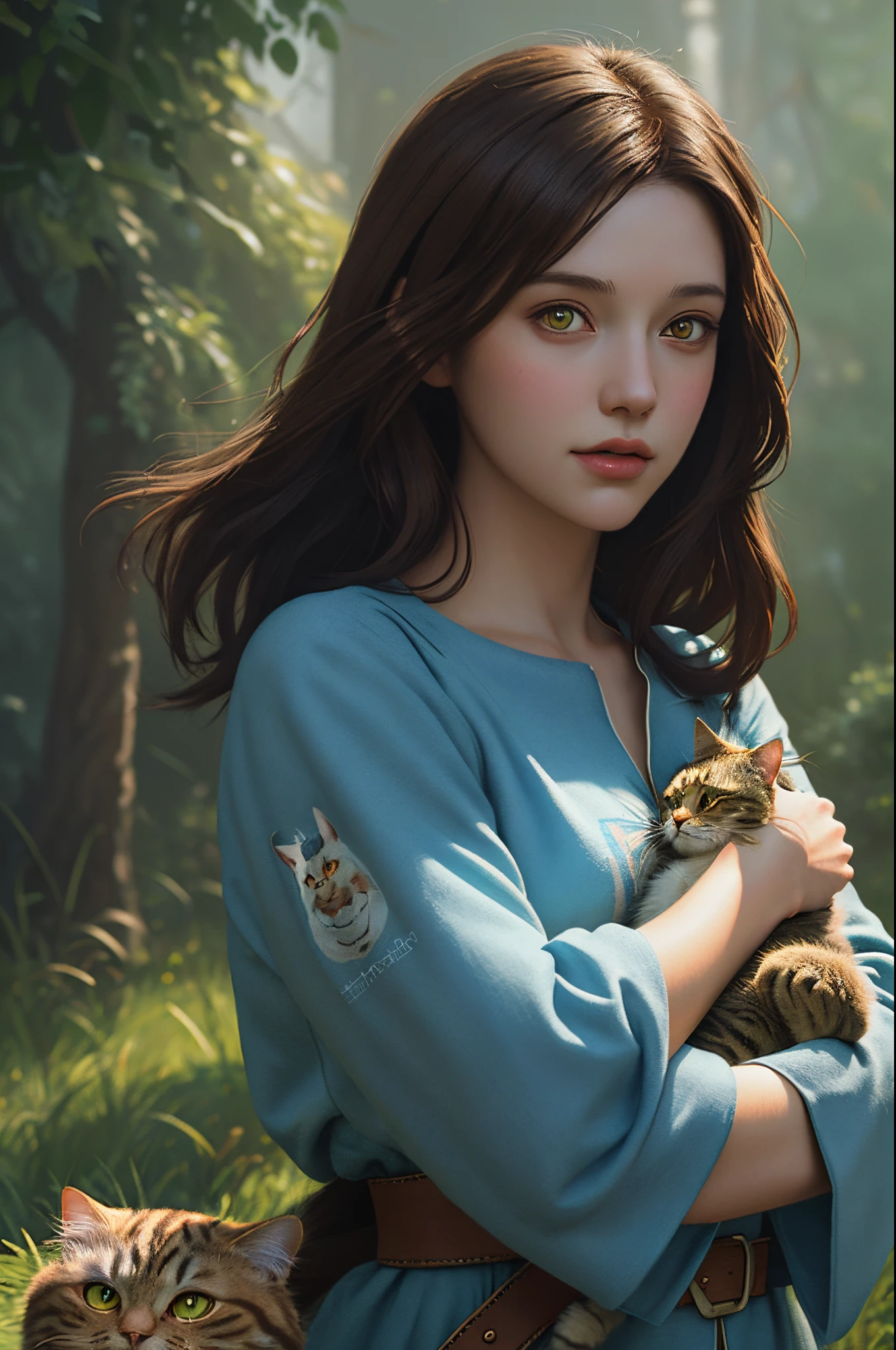 a detailed portrait of a cute brunette girl hugging a tabby cat illustrator, by justin gerard and greg rutkowski, digital art, realistic painting, dnd, character design, trending on artstation