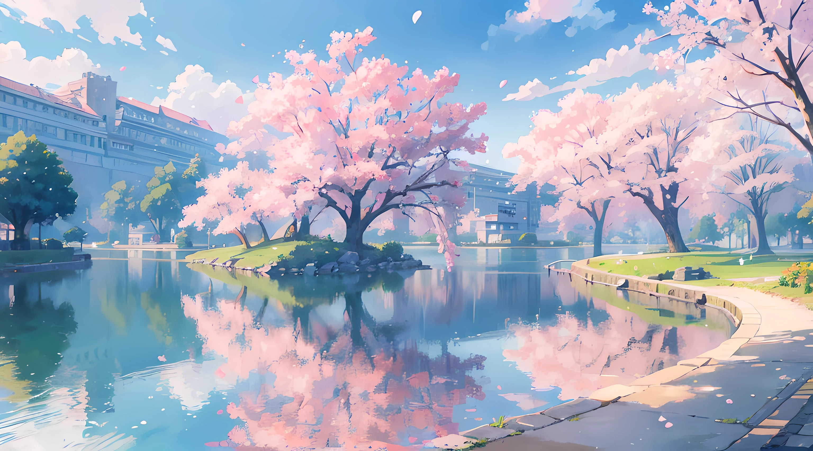 best quality, small lake in a city, sakura trees, sakura petals, buildings in the background, distant view, colorful anime artwork, beautiful sky, beautiful sunlight, amazing scenery, amazing visuals, beautiful anime artwork, ultrasharp, masterpiece, high res, 8k