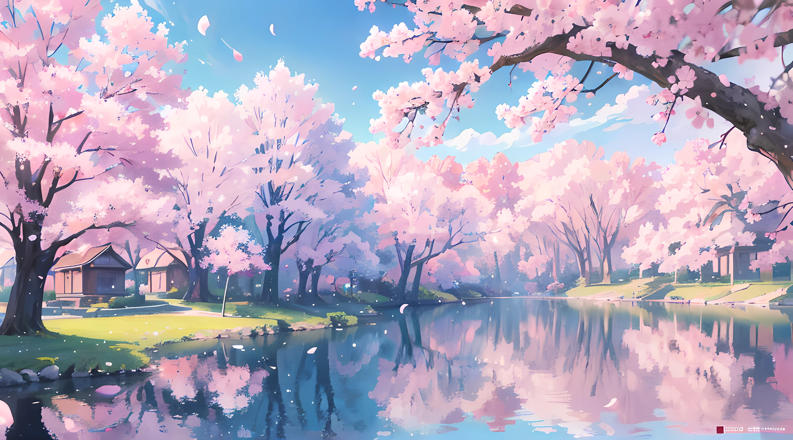 best quality, small lake in a city, sakura trees, sakura petals, buildings in the background, distant view, colorful anime artwork, beautiful sky, beautiful sunlight, amazing scenery, amazing visuals, beautiful anime artwork, ultrasharp, masterpiece, high res, 8k