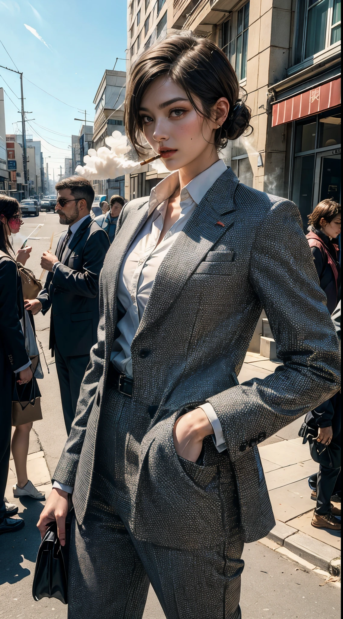 8k, top-quality, (pubic hair beauty)、hight resolution, 逼真, realperson, the met、Bustling street、(((50 year old female detective chief)))、full bodyesbian、The incident has been resolved and things are calming down.、((Wearing a high-end suit))、(Lunette de soleil)、(((Smoking)))、Hot face