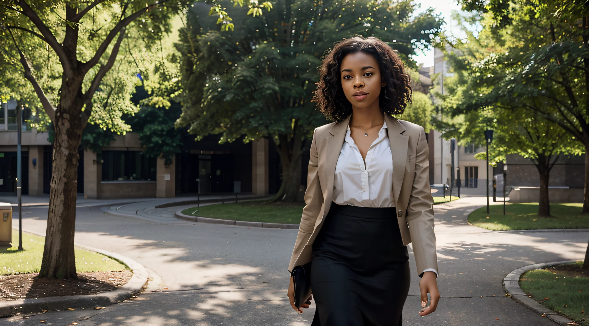 In the midst of a sunlit afternoon on the university campus, an Afro-Brazilian student exudes confidence and style as she walks gracefully through the grounds. Dressed in sophisticated business attire, she wears a tailored blazer and pencil skirt that complement her vibrant personality.

The sunlight bathes the campus in a warm glow, casting a gentle play of light and shadows on the cobblestone paths and surrounding greenery. The camera skillfully captures the nuanced details of the scene, highlighting the textures of the student's clothing and the natural elements of the environment.

The model's natural, coiled black hair is a distinctive feature, framing her face with an elegant flair. The sunlight catches the individual strands, showcasing the beauty and uniqueness of her curly hairstyle. The shadows beneath the curls add depth and dimension to her overall look.

Her facial features are carefully portrayed, capturing the essence of a refined and confident demeanor. The high cheekbones and the slightly narrowed, captivating eyes are reminiscent of the graceful style associated with Catherine Zeta-Jones. The lips are full and expressive, contributing to the model's charismatic presence.

The camera angles showcase the model from different perspectives, capturing her in motion as she navigates through the campus scenery. The background includes iconic university landmarks, blending the sophistication of academic architecture with the natural beauty of the surroundings.

This detailed image prompt aims to bring to life the elegance and individuality of an Afro-Brazilian student, celebrating her unique beauty and confident presence on the university campus