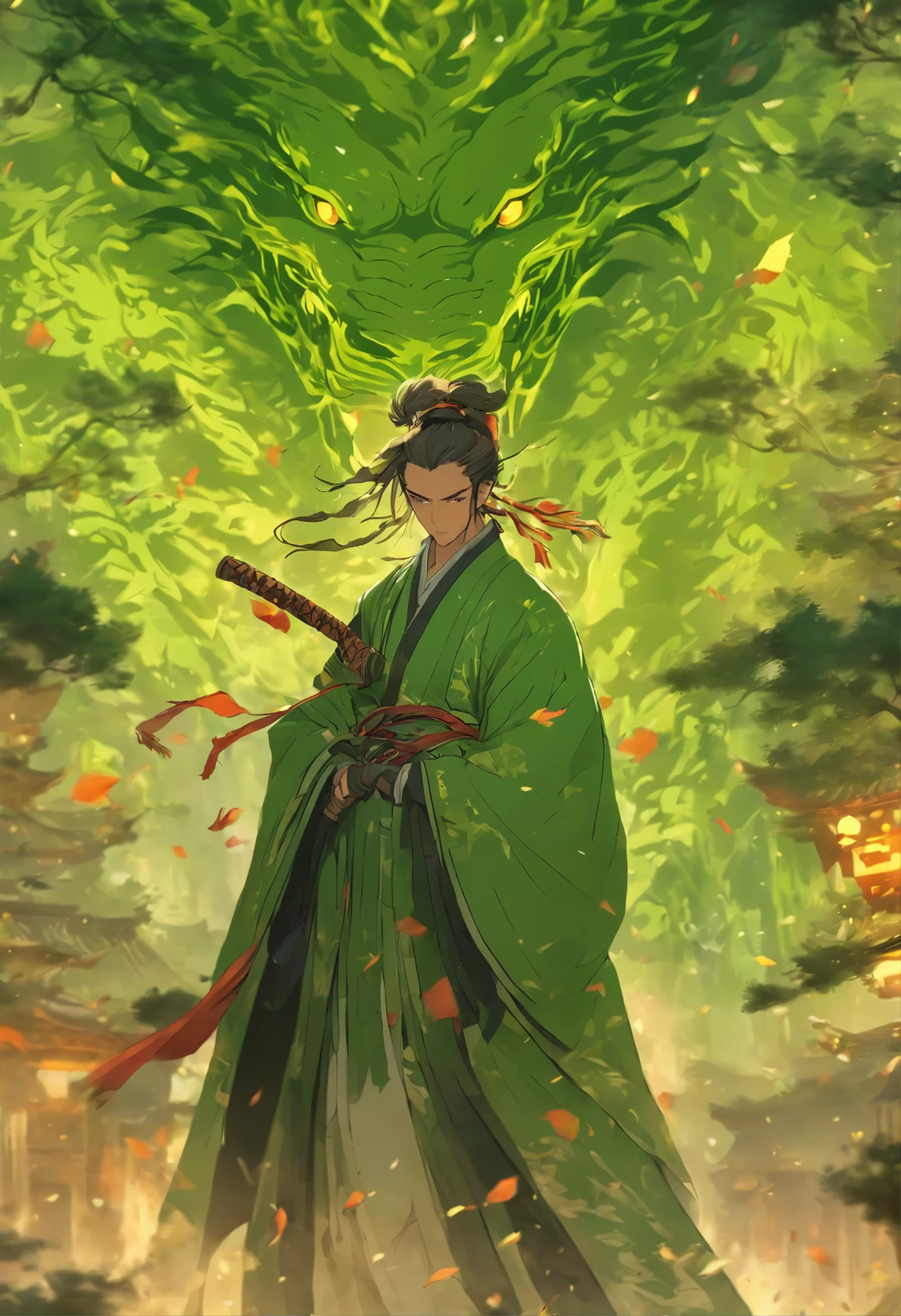 (tmasterpiece), (Best quality), Cinematic quality,Rendered by Octane,Ultra-detailed details,1人,Face of a young man,Facial detail portrayal,Perfect facial features,(trees growing like crazy:1.5),mapu,wood chips,splash,The air is filled with green toxic gas,Particle,vines flying, staredown, watch audience, Ancient Chinese Hanfu,(Full body lesbian :1.3), (Armed with a death scythe:1.2), (Behind him,There is a huge wooden dragon:1.5)