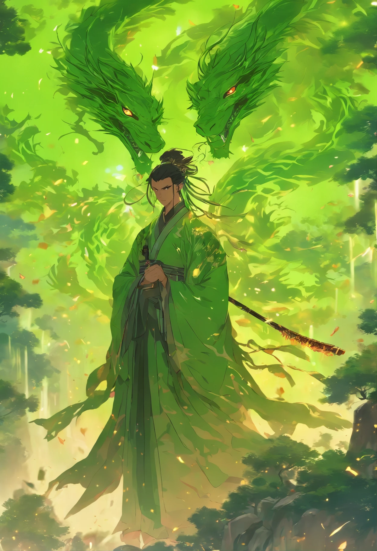(tmasterpiece), (Best quality), Cinematic quality,Rendered by Octane,Ultra-detailed details,1人,Face of a young man,Facial detail portrayal,Perfect facial features,(trees growing like crazy:1.5),mapu,wood chips,splash,The air is filled with green toxic gas,Particle,vines flying, staredown, watch audience, Ancient Chinese Hanfu,(Full body lesbian :1.3), (Armed with a death scythe:1.2), (Behind him,There is a huge wooden dragon:1.5)