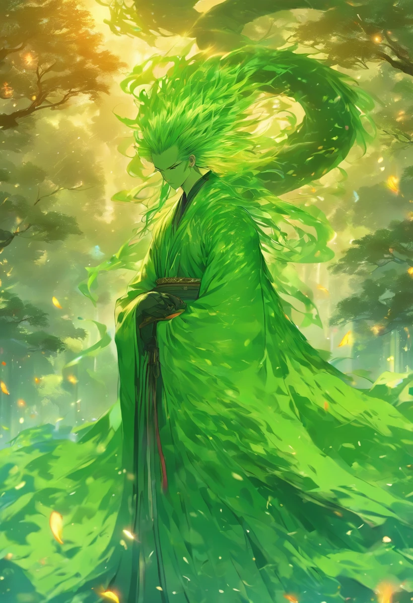 (tmasterpiece), (Best quality at best), Cinematic quality，Rendered by Octane，Ultra-detailed details，1人，Face of a young man，Facial detail portrayal，Perfect facial features,(trees growing like crazy:1.5)，Max Planck，wood chips，splash，The air is filled with green toxic gases，Particle，vines flying， staredown, watch audience, Ancient Chinese Hanfu,（Full body lesbian ：1.3）， (Armed with a death scythe:1.2), （Behind him，There is a huge wooden dragon：1.5）