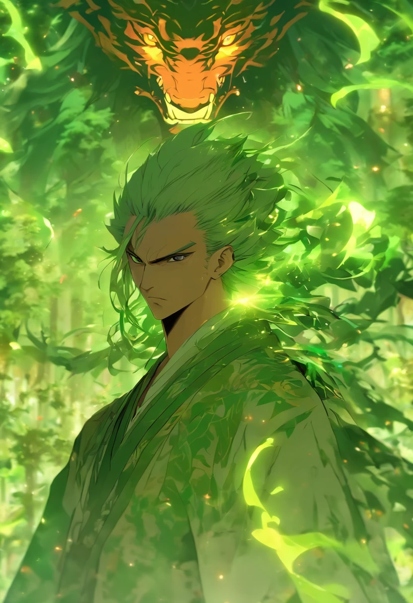 (tmasterpiece), (Best quality at best), Cinematic quality,Rendered by Octane,Ultra-detailed details,1人,Face of a young man,Facial detail portrayal,Perfect facial features,(trees growing like crazy:1.5),Max Planck,wood chips,splash,The air is filled with green toxic gases,Particle,vines flying, staredown, watch audience, Ancient Chinese Hanfu,(Full body lesbian :1.3), (Armed with a death scythe:1.2), (Behind him,There is a huge wooden dragon:1.5)