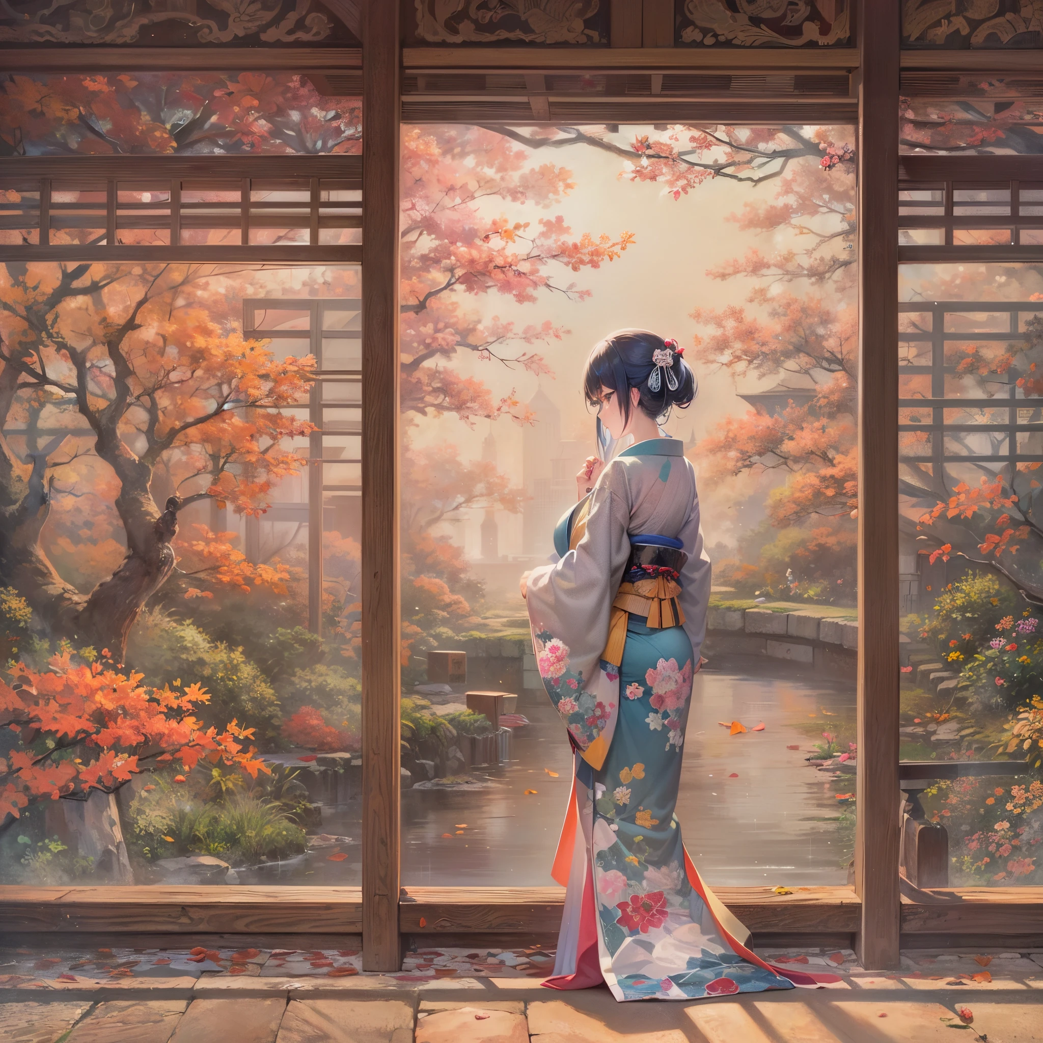 multi-section club(Finest quality)),(超A high resolution),(ultra-detailliert),(Meticulous portrayal),((best pictures)),(Finest works of art),Ultra-Precision Art,The art of astounding depiction, (1人の女性:1.5),Zashiki Warashi:1.3,Harmony:1.5.Soft sunlight:1.3, Porch of Japan house