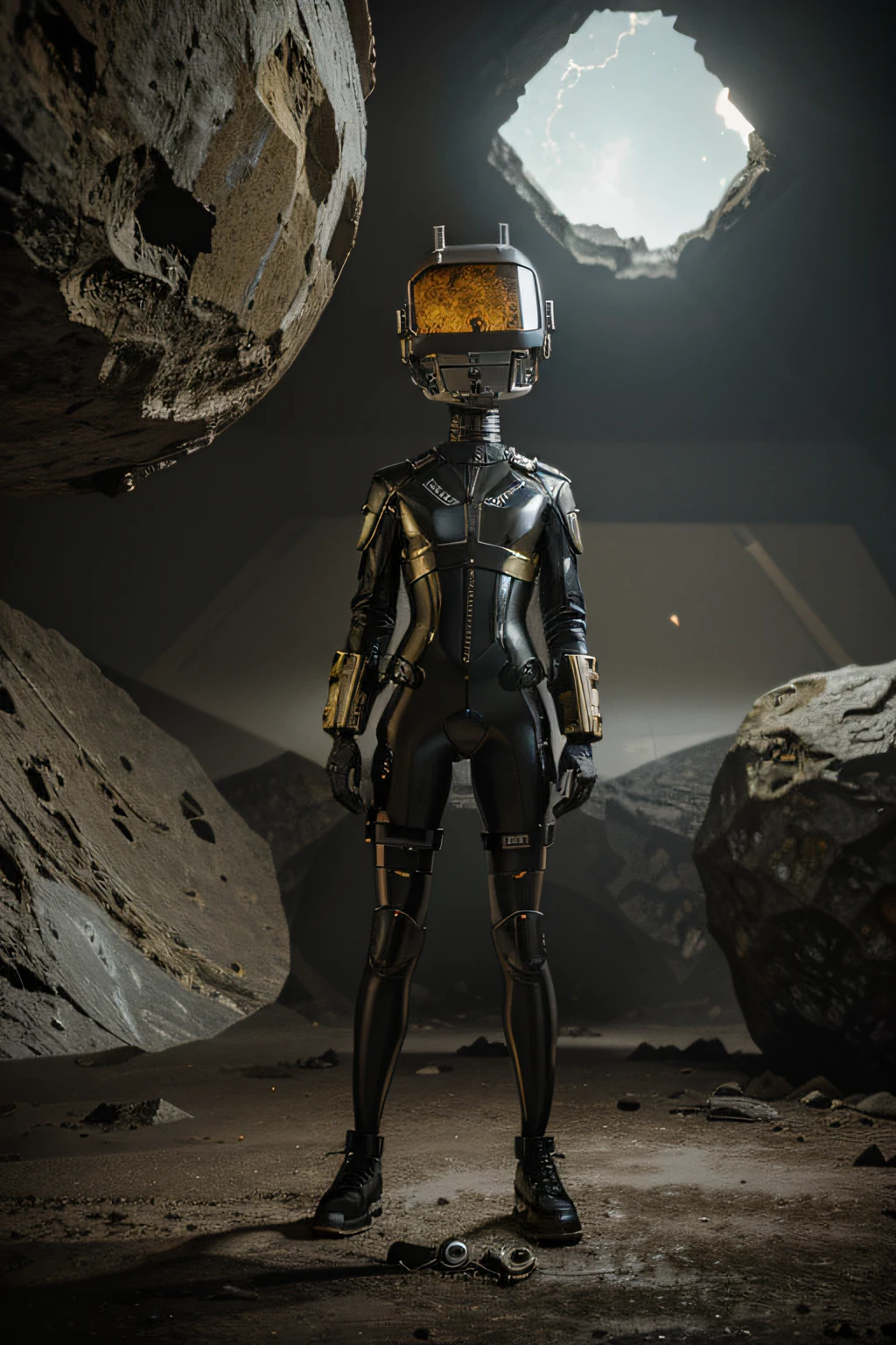 A Modern flat toon Crazy whit a Big ONE a Only Eye Robot and helmet Style, tongs in hands, Tv head, pinhead, camouflage PINK Rusty, Ambient in a meteorite crater super detailed, center, beautiful, soft lighting, focused on the character, 4K resolution, photorealistic rendering,