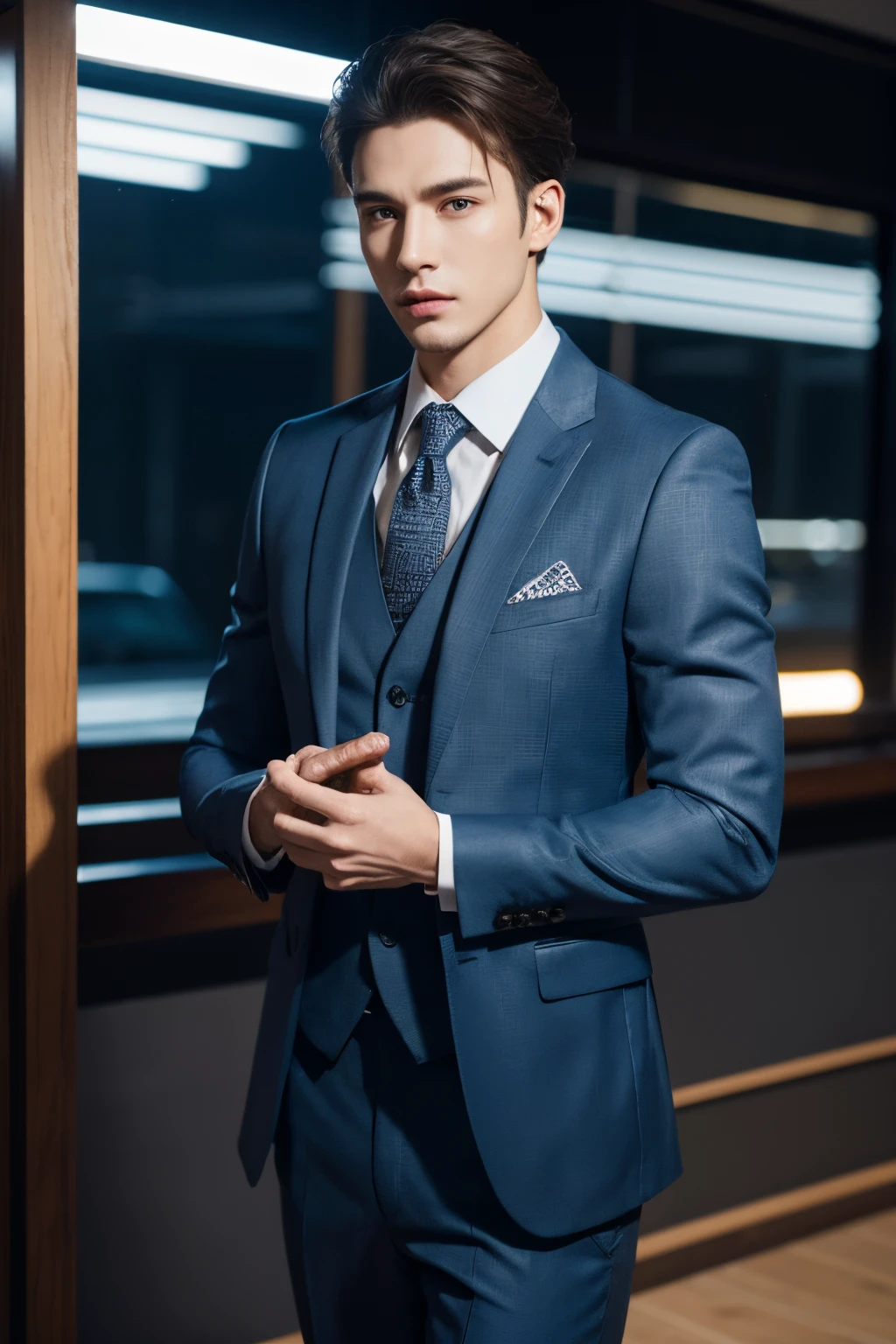 Fashion suit, elite men's suit, casual fashion atmosphere, front view, hyper-realistic photography, commercial photography, hyper-realistic, ultra-high definition, LS, high-definition 8k --ar 16:9 --s 750 --v 5.1
