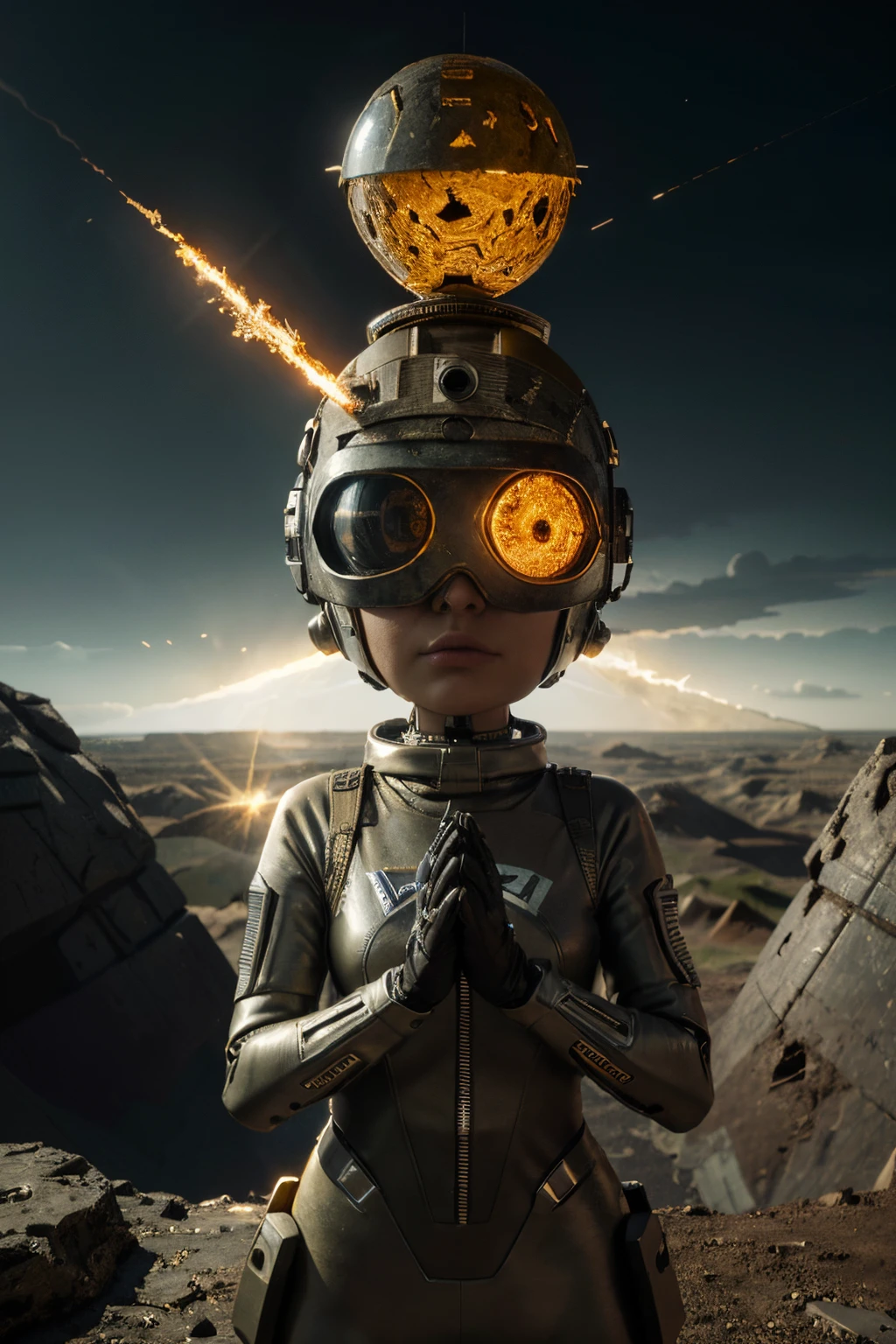 A Modern flat toon Crazy whit a Big ONE a Only Eye Robot and helmet Style, tongs in hands, Tv head, pinhead, camouflage PINK Rusty, Ambient in a meteorite crater super detailed, center, beautiful, soft lighting, focused on the character, 4K resolution, photorealistic rendering,