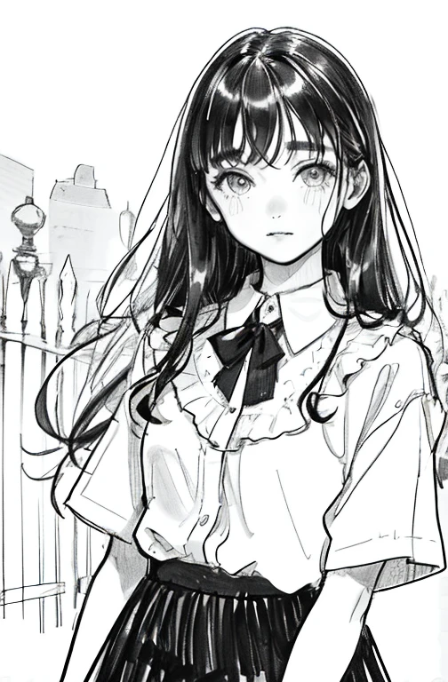 1girl in,line-drawing,monochromes,sketch,Pencil drawing,Traditional Media,1girl in, black skirt fence, long hair shirt, Short sleeves, Skirt, Solo、Cute teenage woman, ,Beautiful portrait、Delicate body、look up to、, (Detailed background:1.3), (Detailed face:1.3), 、Align your bangs、Bangs、Slender eyes、Narrow-eyed