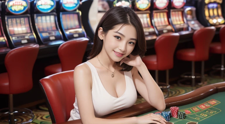 Masute pieces, bestquality, real light, finely detail, high-res, 8k wallpapers, Perfect dynamic composition, crisp focus, very realistic, beautiful detail eyes, medium hair, Full big breasts, Random and sexy poses, Bring your breasts together.., (Beige Tight O Neck Knit Tank Top, The cleavage is wide open..:1.4, High-cut panties), ((Breast bulge:1.2,(cleavage emphasis, Tank tops with a clear view of the shape of the chest..:1.3)), smile, opened mouth., Resort View, 25 years old, (drooling eyes,,:1.4), Adult Beauty, japan, Plain chain necklace, Large earrings, Shooting from the front, (Play Slot Machines,PG slot games),(Random background,In casinos,VIP casino room, Modern Casino Console, Modern Slot Machines )