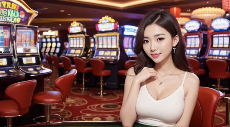 Piece Table, bestquality, real light, finely detail, high-res, 8k wallpapers, Perfect dynamic composition, beautiful detail eyes, medium hair, Full big breasts, Random and sexy poses,Bring your breasts together.....、(Very small cropped tank top..... white blouse)、(Chest bulge 1.2)、smile、opened mouth.、Resort View、Age 23 years、(Drone 1.4)、Adult Beauty、japan (Random background,In casinos,VIP casino room, Modern Casino Console, Modern Slot Machines )