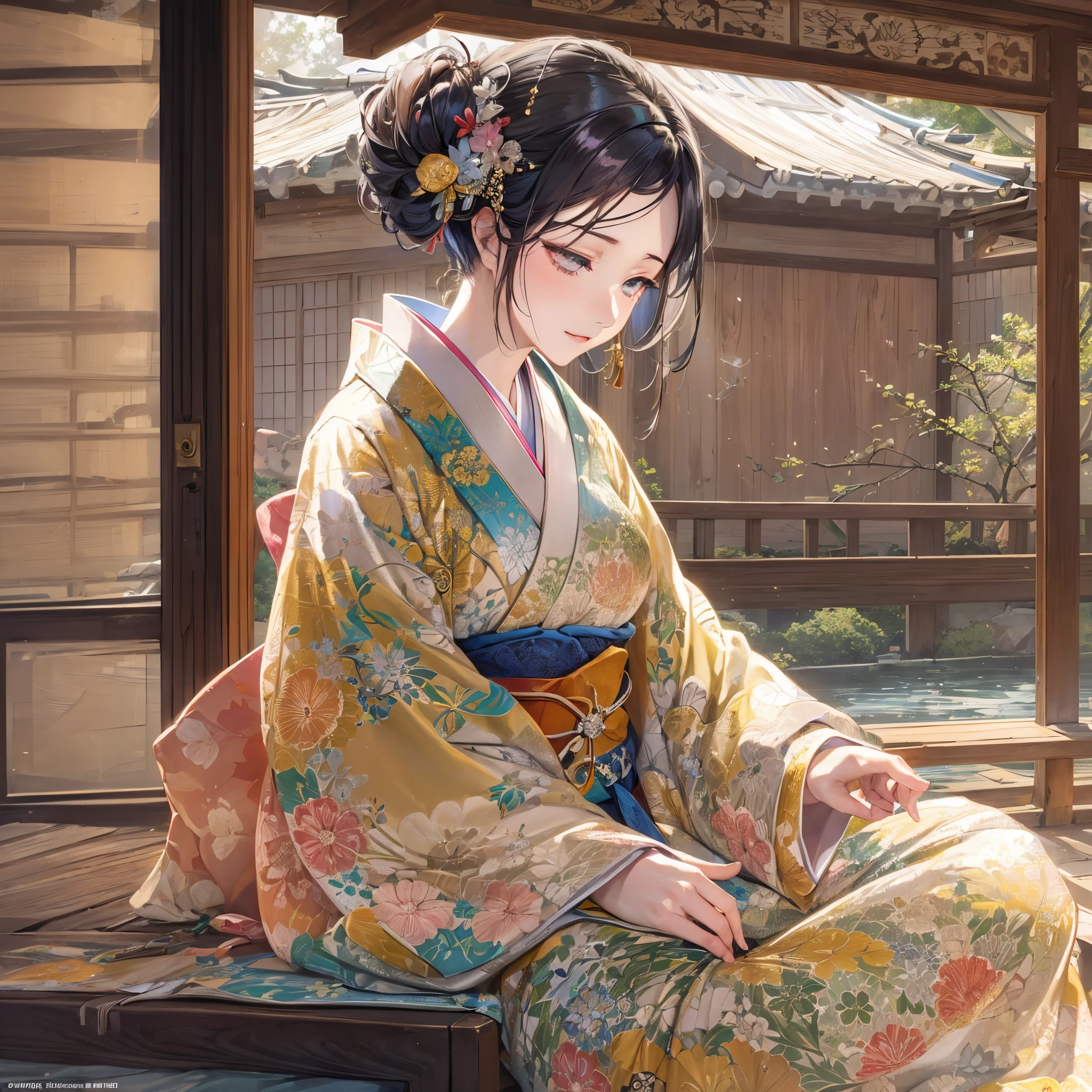 multi-section club(Finest quality)),(超A high resolution),(ultra-detailliert),(Meticulous portrayal),((best pictures)),(Finest works of art),Ultra-Precision Art,The art of astounding depiction, (1人の女性:1.5),Zashiki Warashi:1.3,Harmony:1.5.Soft sunlight:1.3, Porch of Japan house