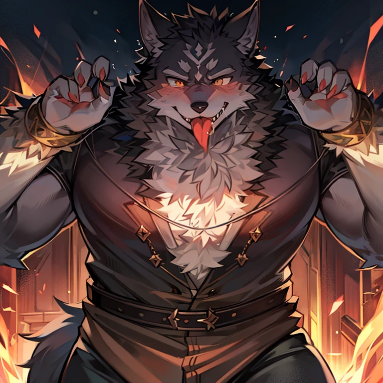 close up, furry, anthro, giant werewolf,wolf ears,wolf tail, dark grey and white fur, messy fur, neck floof, yellow glowing eyes, razor sharp teeth, muscular body, handsome, monstrous, tall, alone, body covered in scars, pawpads, black pawpads, best quality, 4K, UHD, masterpiece,