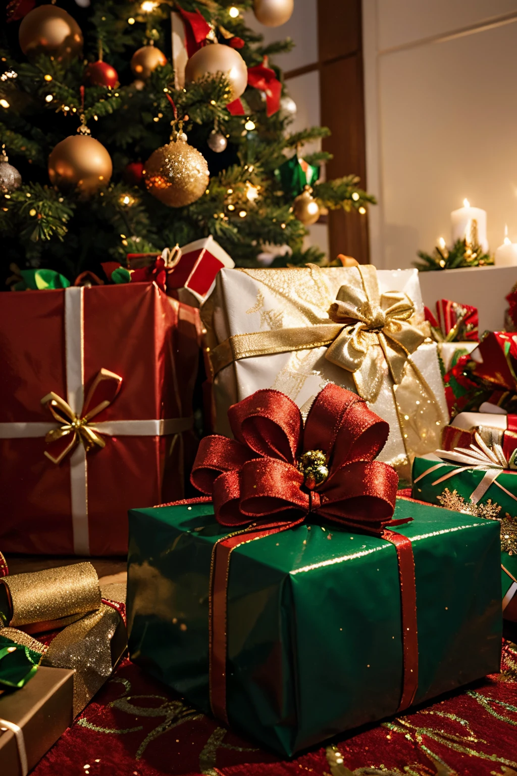 close-up of Christmas presents under a Christmas tree, the tree is full of Christmas decorations, tem luzes de natal brilhando e preenchendo toda a cena.