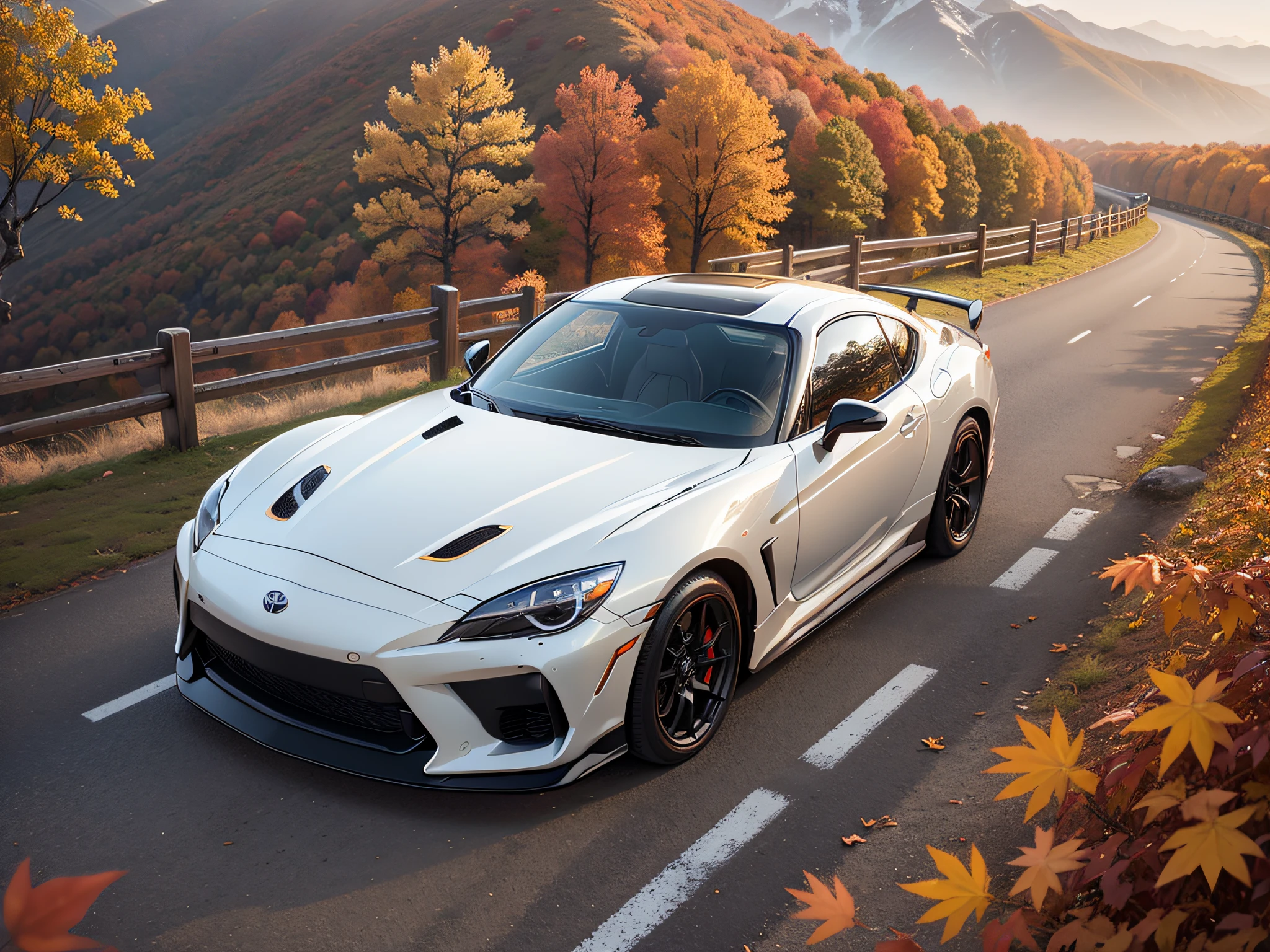 超A high resolution、An ultra-high picture quality、8K、Detailed details、marvelous expression、Late autumn valley、Beautiful autumn leaves、A pure white sports car runs on a mountain road built along the mountain..、TOYOTA 2000GT
