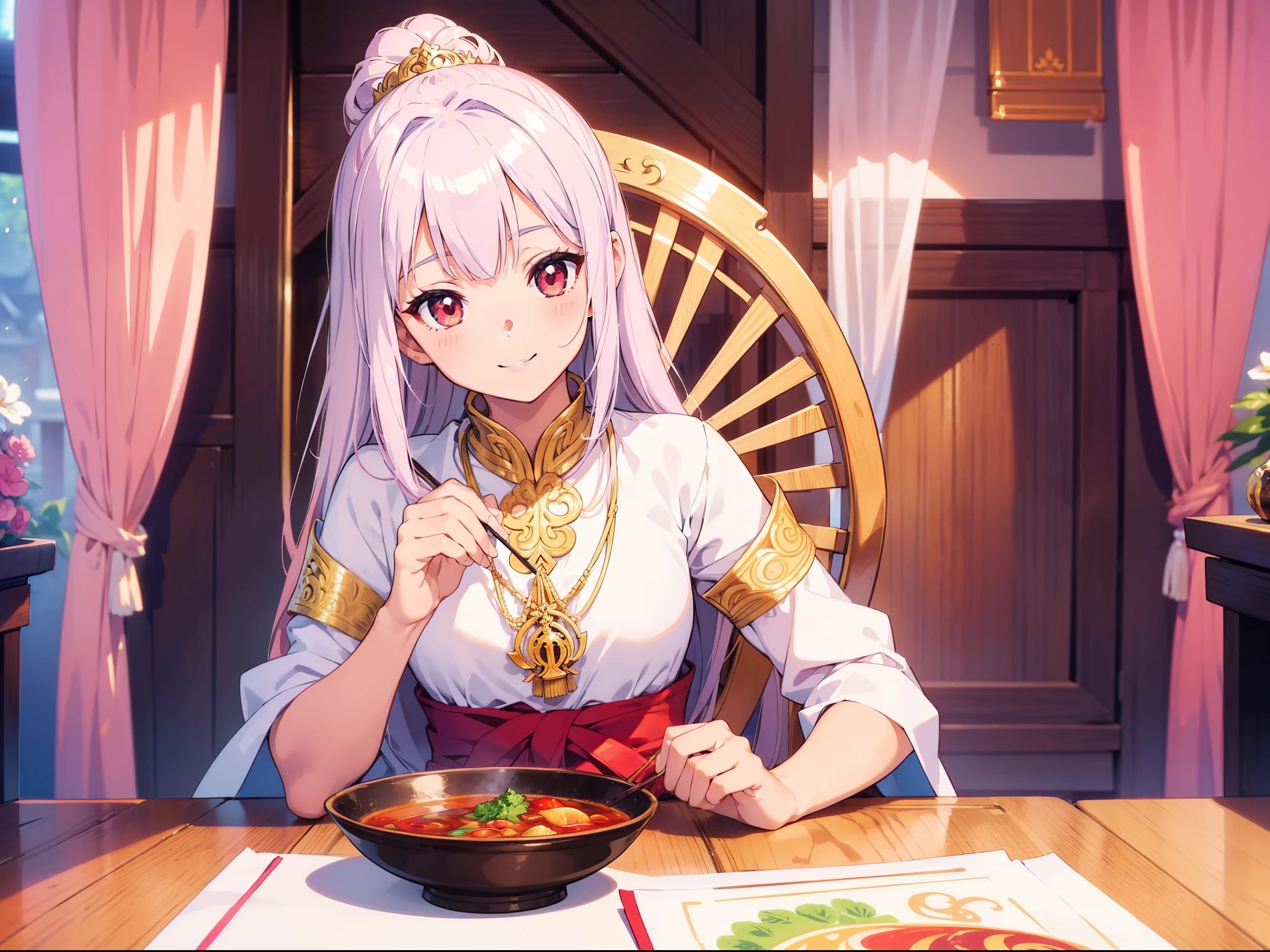 1 cute girl, (Thailand traditional costume), eating Tom yam kung, sitting, upper body, close to viewer, character focus ,smile , ((masterpiece)), ((best quality)), ((ultra-detailed)), (illustration), ((an extremely delicate and beautiful))