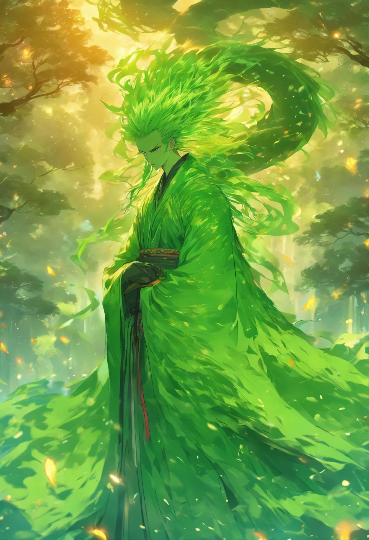 (tmasterpiece), (Best quality at best), Cinematic quality,Rendered by Octane,Ultra-detailed details,1人,Face of a young man,Facial detail portrayal,Perfect facial features,(trees growing like crazy:1.5),Max Planck,wood chips,splash,The air is filled with green toxic gases,Particle,vines flying, staredown, watch audience, Ancient Chinese Hanfu,(Full body lesbian :1.3), (Armed with a death scythe:1.2), (Behind him,There is a huge wooden dragon:1.5)