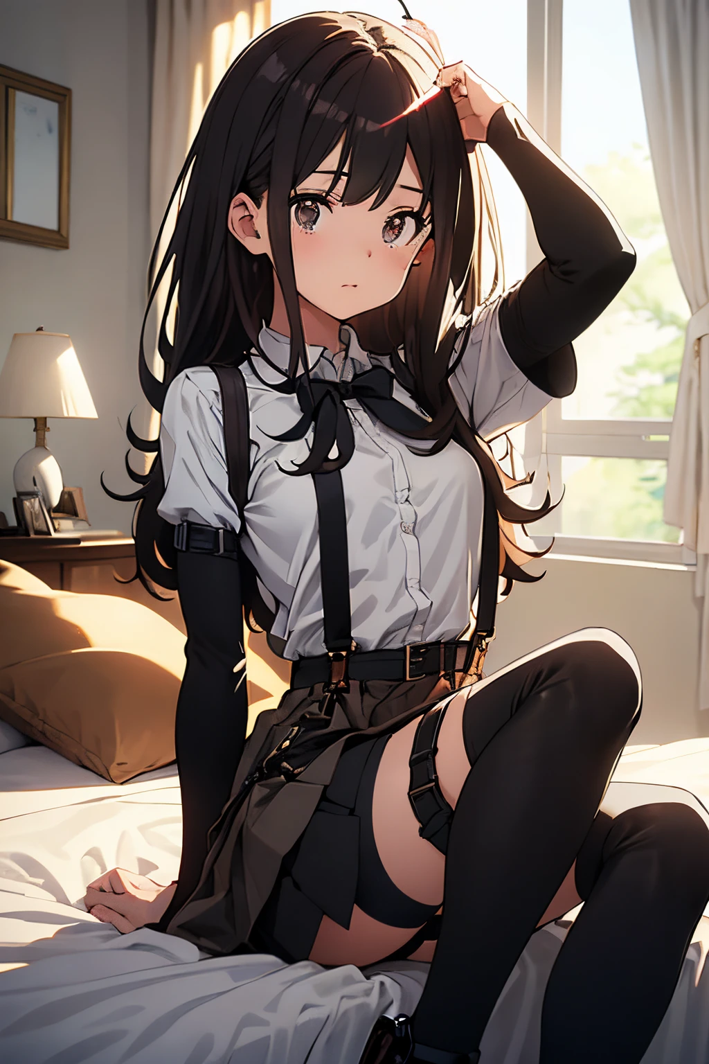 masterpiece、flat-colors、depth of fields、lens flare 1 girl、、Brown hair、watching at viewers black suspenders Bulging big breasts walls: Black miniskirt garters Gaze Small face bangss holster Belt Armament Beautuful Women srestrained hands up Lying in bed Leg holster lying on the bed