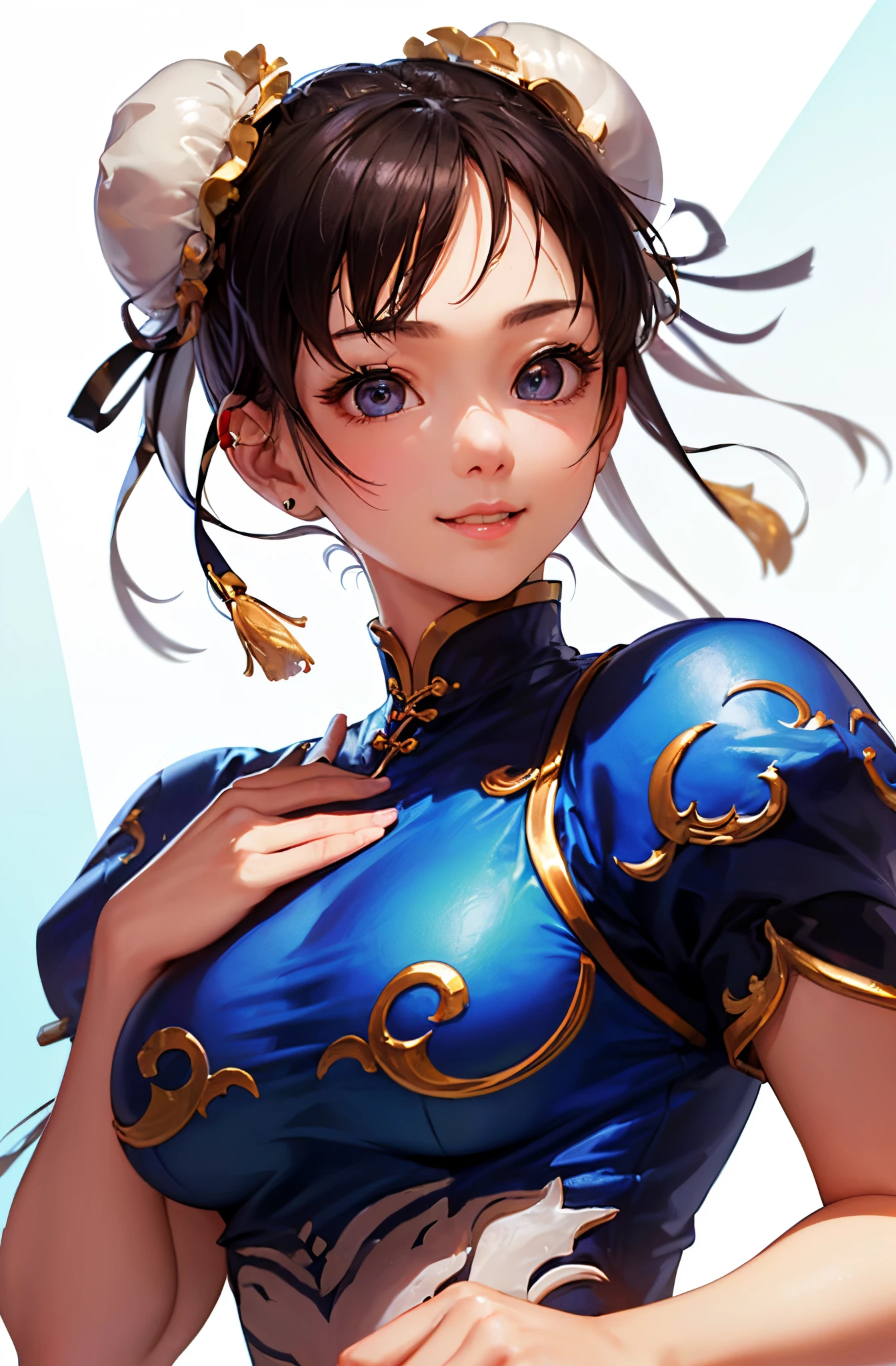 (top-quality:1.5)、(16k wallpaper:1.2)、(Photorealsitic:1.2)、(ultra-detailliert:1.2)、(超A high resolution:1.2)、super-detaild skin、Detailed and clean eyes、In Chinatown、ChunLi、Japan 18-year-old woman、Natural Color Lip、large full breasts、Bun hair、Cute smile、