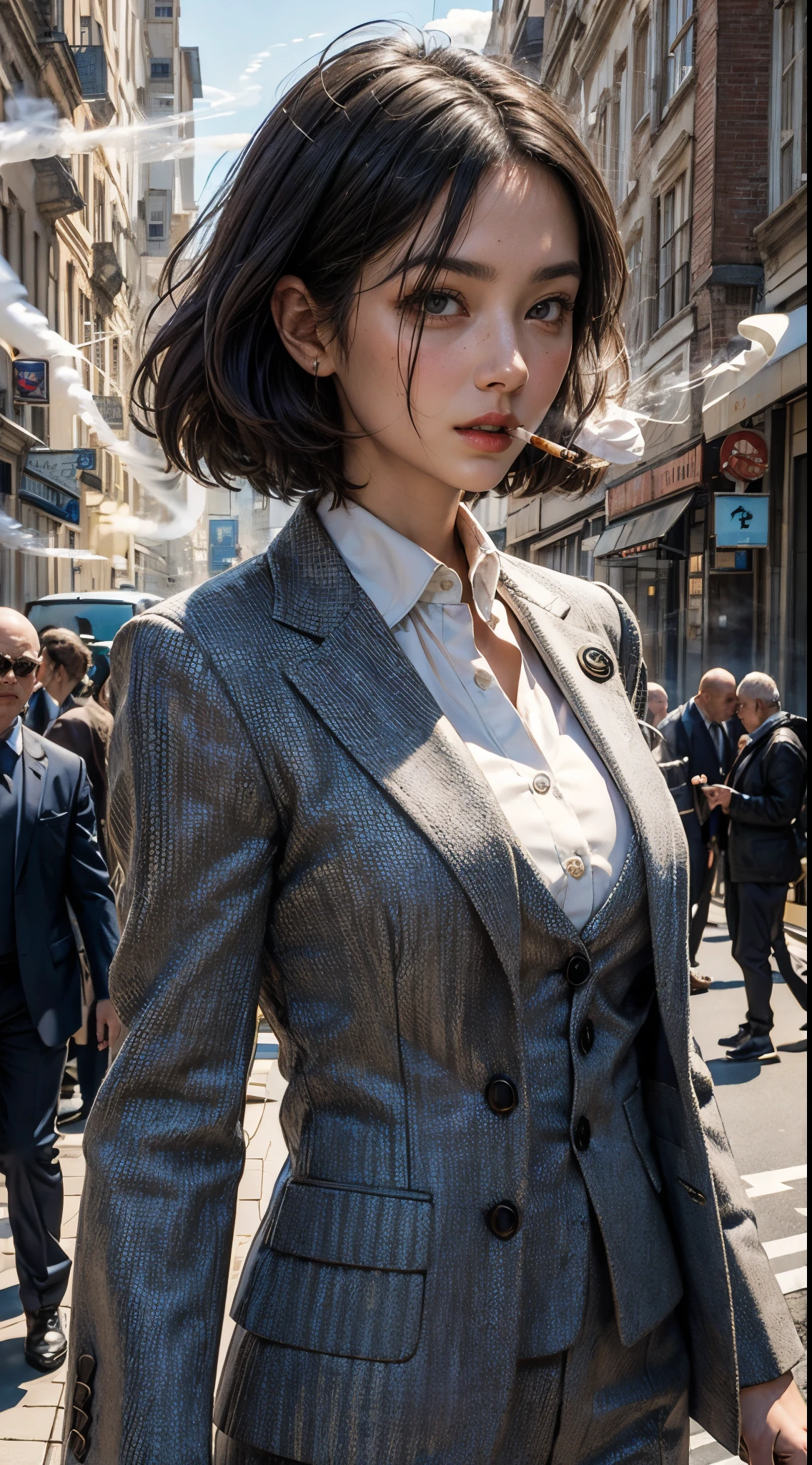 8k, top-quality, （pubic hair beauty）、hight resolution, 逼真, realperson, the met、Bustling street、(((50 year old female detective chief)))、full bodyesbian、The incident has been resolved and things are calming down.、((Wearing a high-end suit))、(Lunette de soleil）、(((Smoking)))、Hot face
