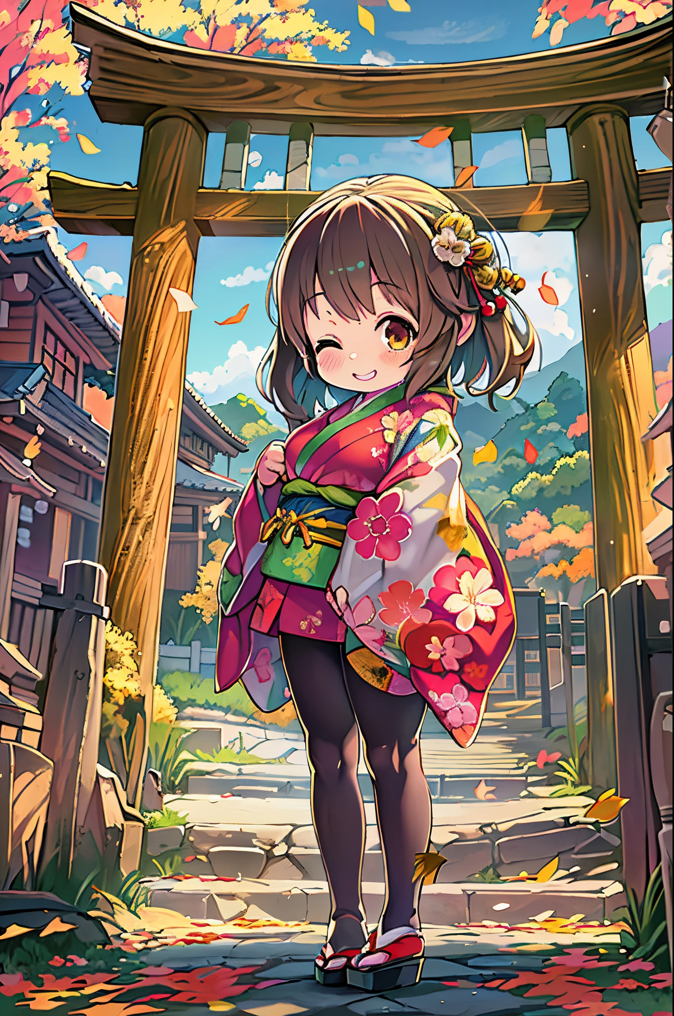 huge-breasted、kawaii、Sunny Clothes、japanese kimono、torii gate,((Oblique angle))、{{close up to face}}、one eye closed、8 years old girl、winking、A big smile、bbw、thick thight、big butts、Ultramammy,Chibi, autumn day,kaede、 Pines, Anime Background Art, japanese art style, beautiful anime scene, detailed scenery - width 672, Background art, Anime landscapes, Anime Background, Beautiful anime scenery, Beautiful peace scenes in anime, landscape artwork, Japan Village, Anime landscape concept art, 8K))、a lot of fallen leaves、