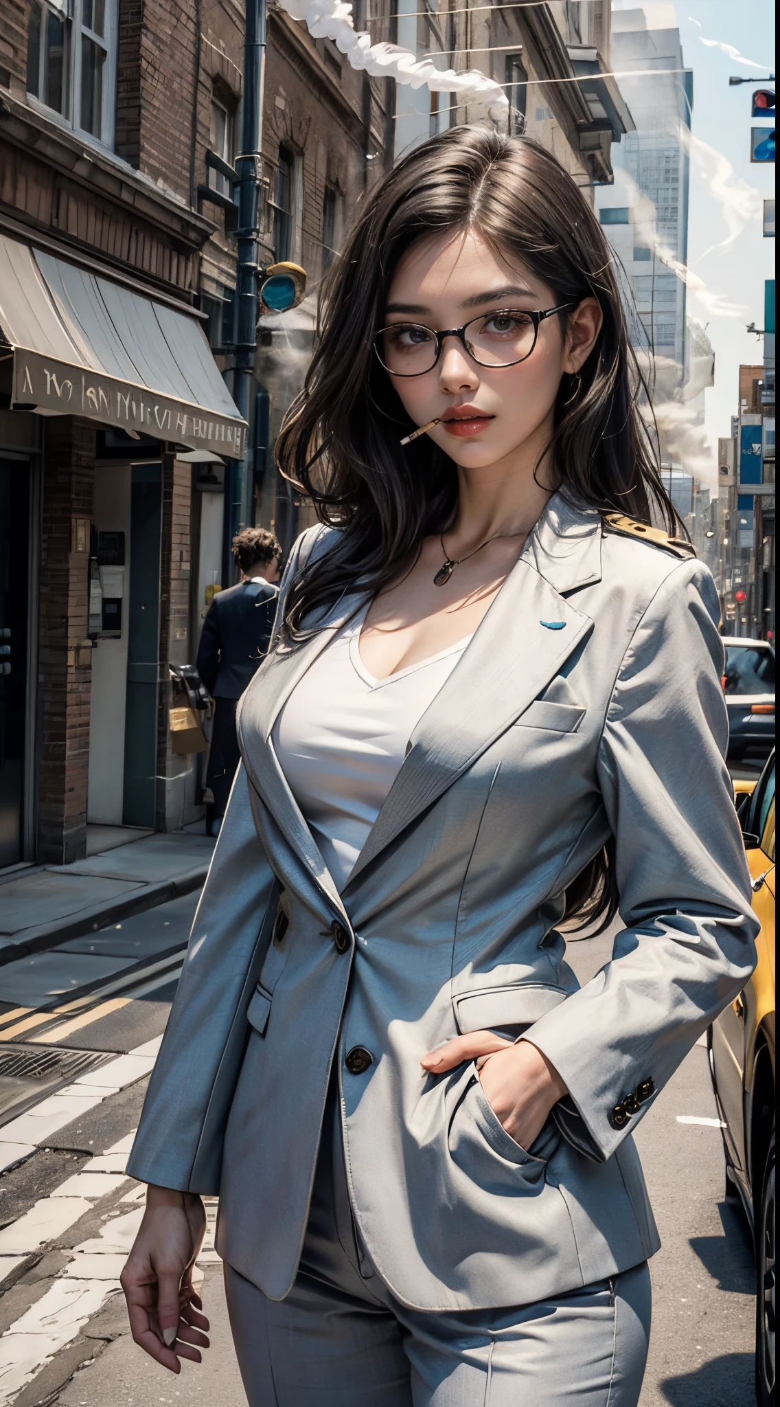 8k, top-quality, （pubic hair beauty）、hight resolution, 逼真, realperson, the met、Bustling street、(((50 year old female detective chief)))、full bodyesbian、The incident has been resolved and things are calming down.、((Wearing a high-end suit))、(Lunette de soleil）、(((Smoking)))、Hot face