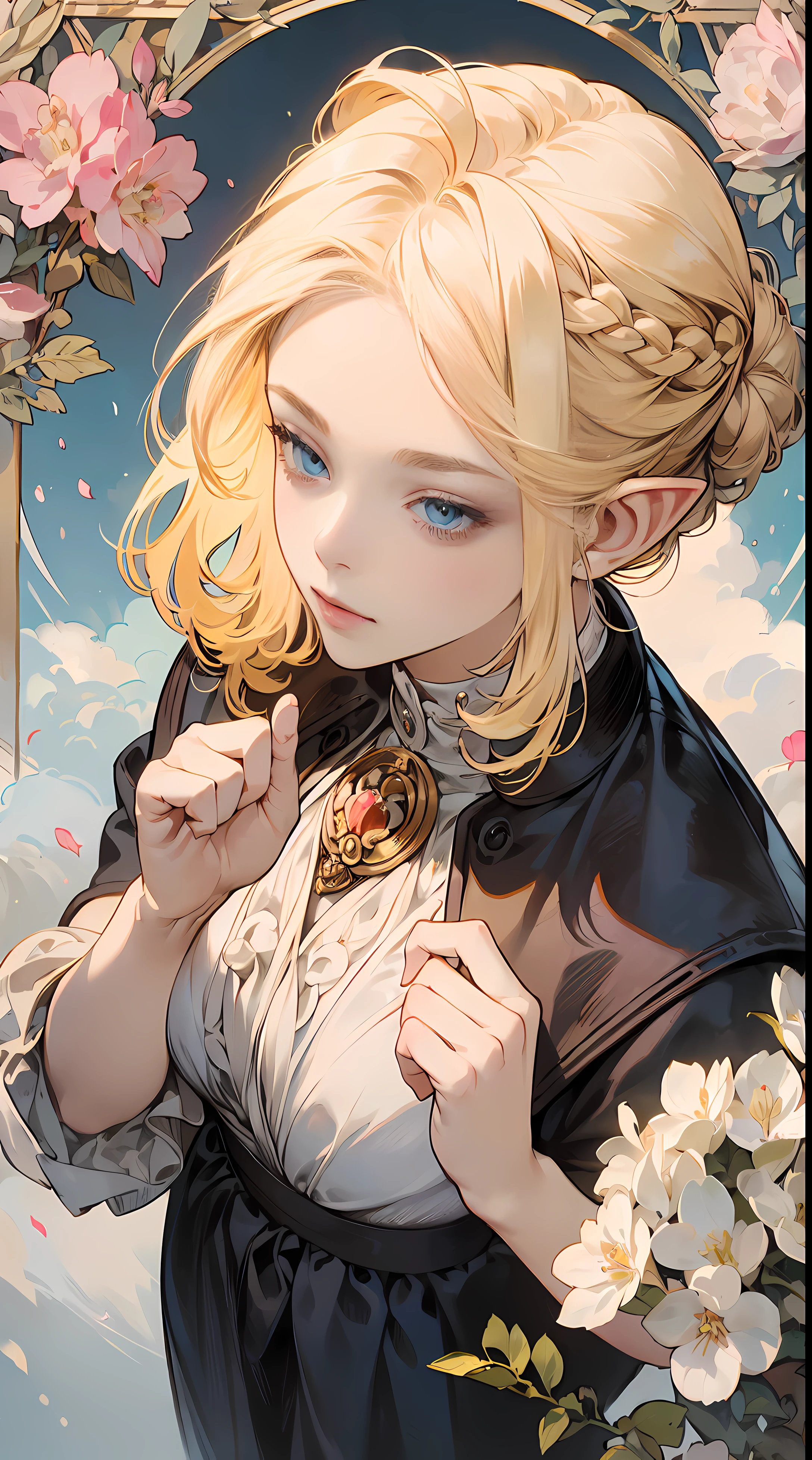 (masterpiece), best quality, ultra-detailed, illustration, detailed light, an extremely delicate and beautiful elf girl, deep blue eyes, light smile, (from front), (face focus), hands together, an aerial garden where flowers are in full bloom, petals dance, (nice hands), (perfect hands), (from above:1.2), (asymmetrical bangs:1.2), (artoria style Braid Bun), short hair, white blonde hair, (Bereast E-Cup:1.2), highly detailed face and eyes. By Alphonse mucha.